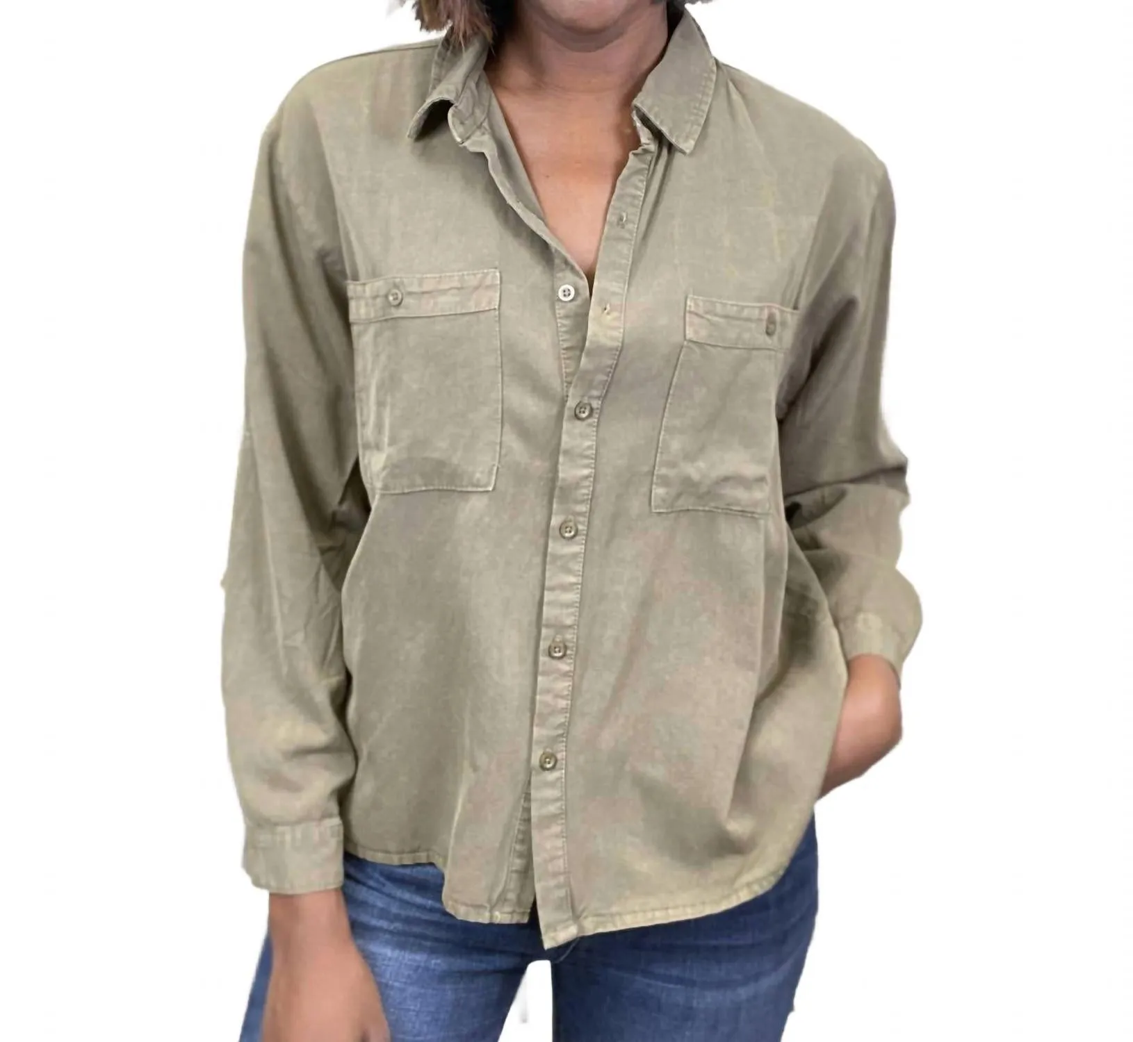 Made Your Choice Collared Button Up Long Sleeve Top In Olive