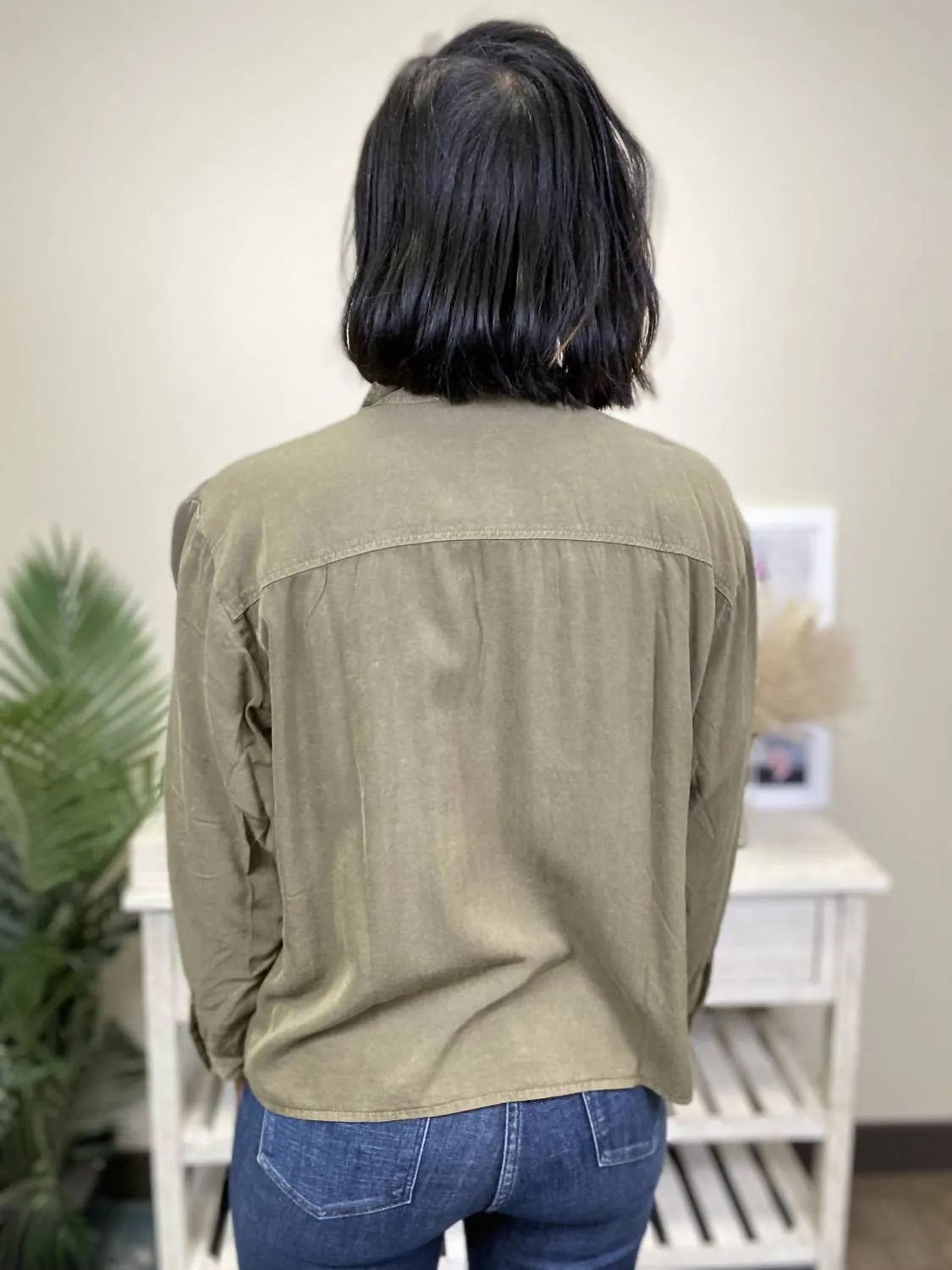 Made Your Choice Collared Button Up Long Sleeve Top In Olive