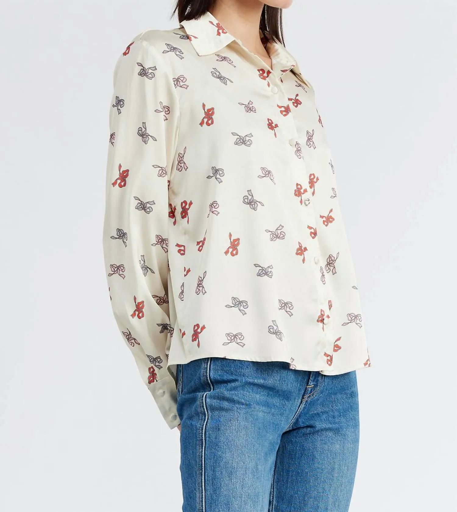 Maeve Bow Print Buttoned Shirt In Ivory Ribbon