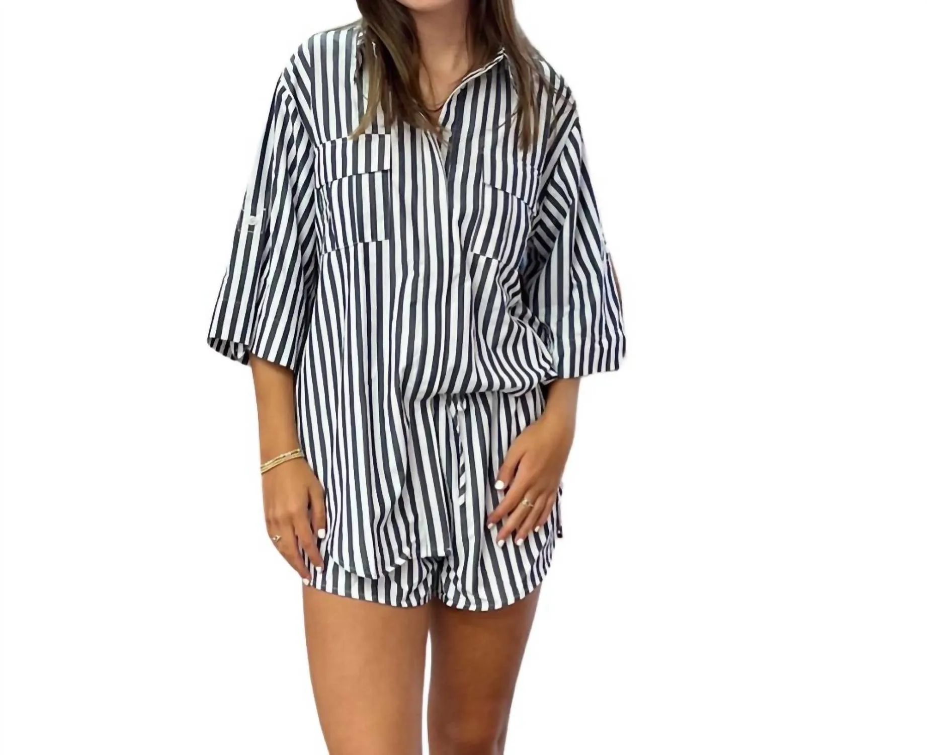 Martina Pajama Set In Navy Stripe
