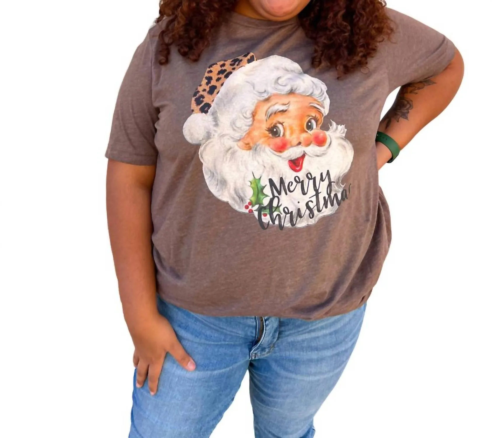 Merry Christmas Vintage Leopard Santa Graphic Tee - Plus In Brown