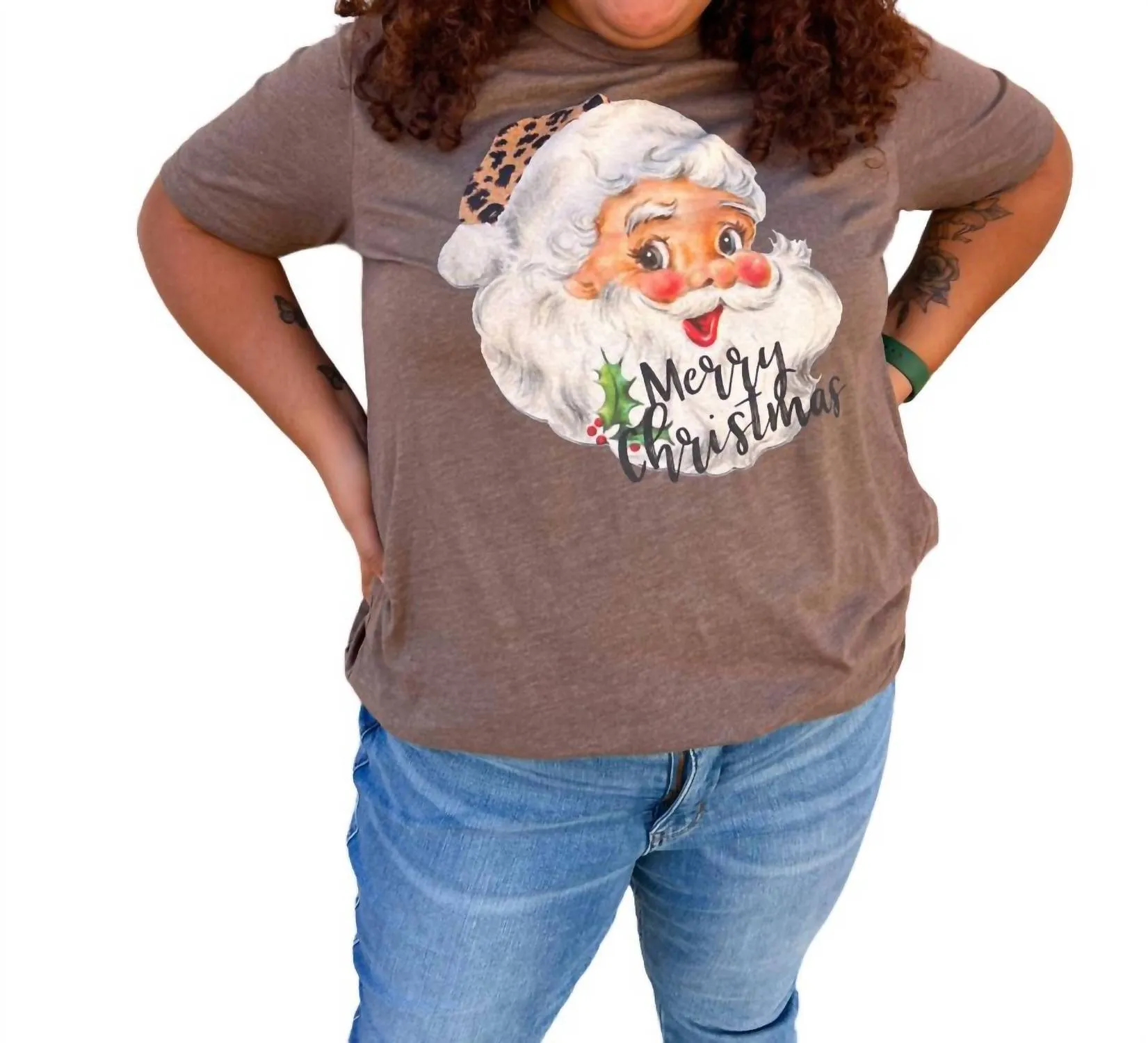 Merry Christmas Vintage Leopard Santa Graphic Tee - Plus In Brown