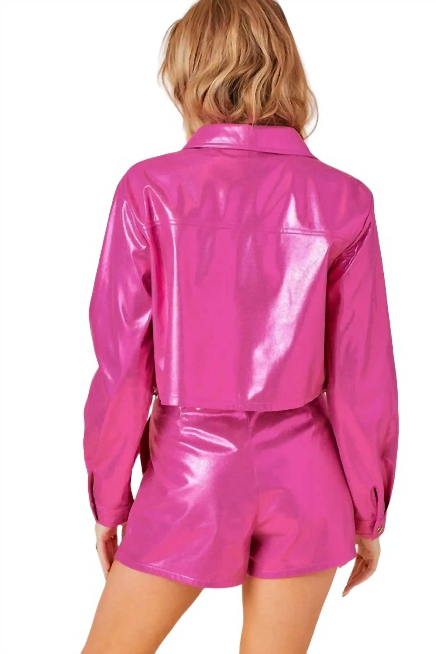 Metallic Button Down Shirt Jacket In Metallic Pink