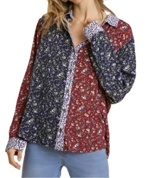 Mixed Floral Roll Tab Shirt In Floral Multi