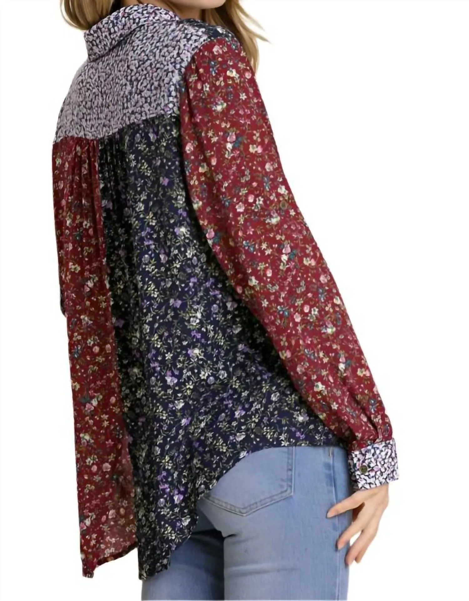 Mixed Floral Roll Tab Shirt In Floral Multi