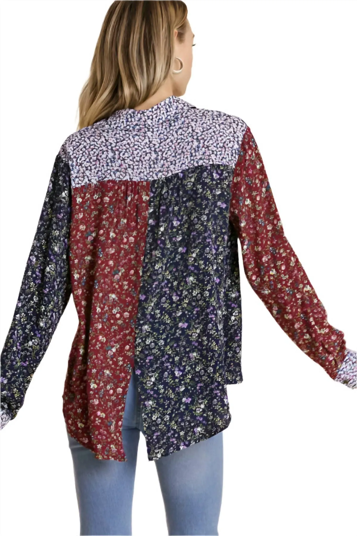 Mixed Floral Roll Tab Shirt In Floral Multi