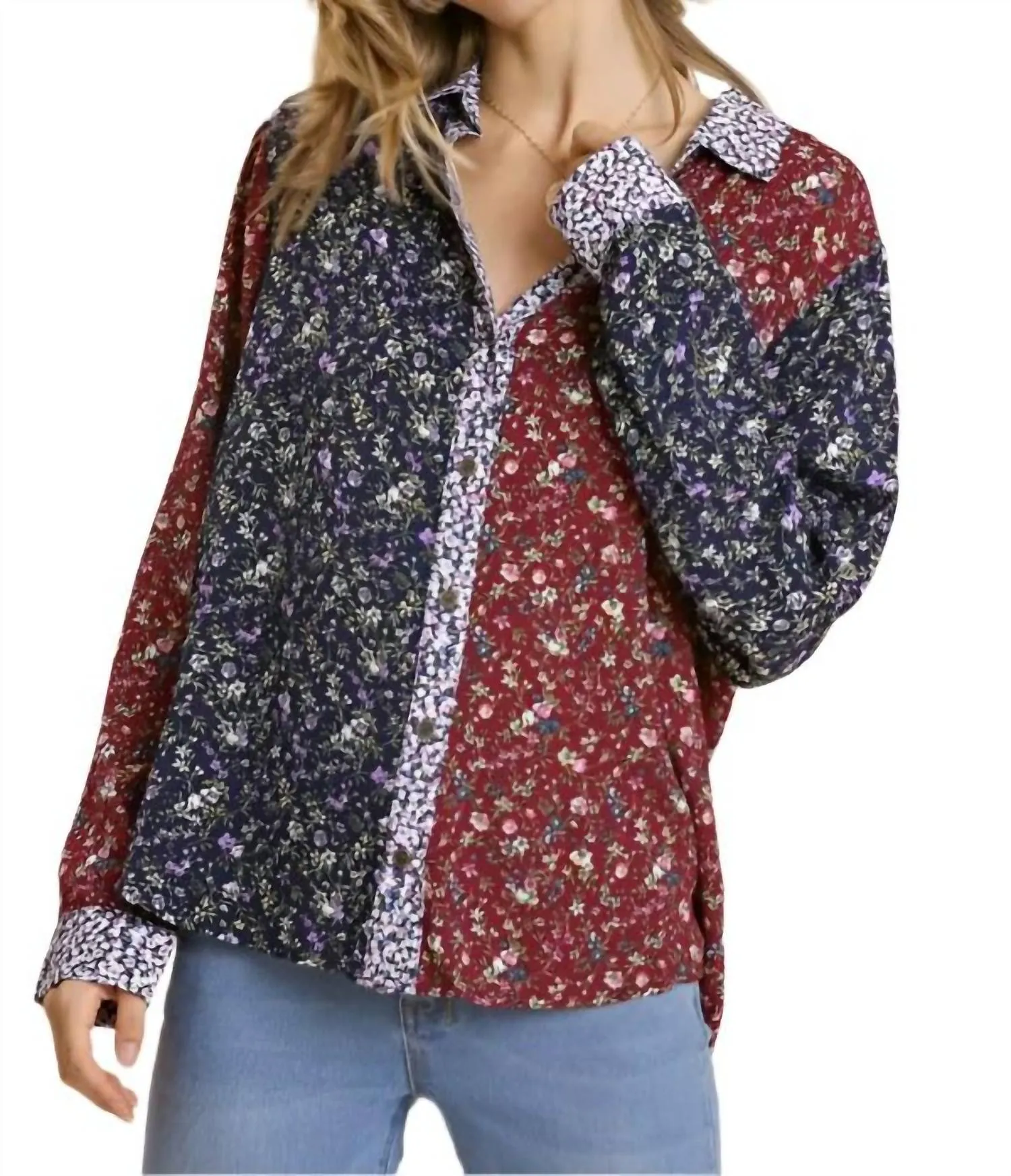 Mixed Floral Roll Tab Shirt In Floral Multi
