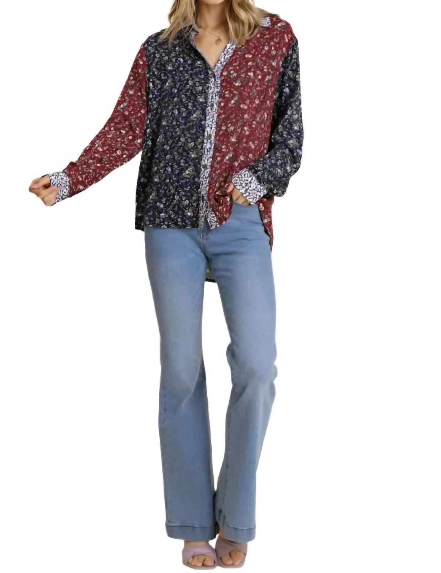 Mixed Floral Roll Tab Shirt In Floral Multi