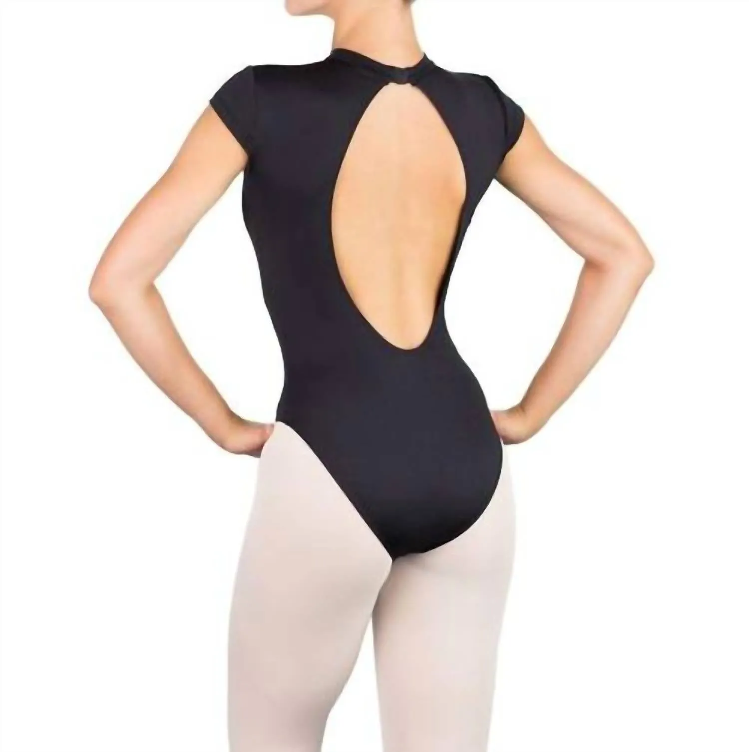 Naomi High Neck Teardrop Back Cap Sleeve Leotard In Black