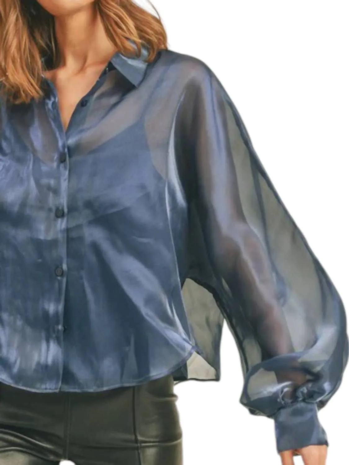 Organza Button Down Shirt In Navy