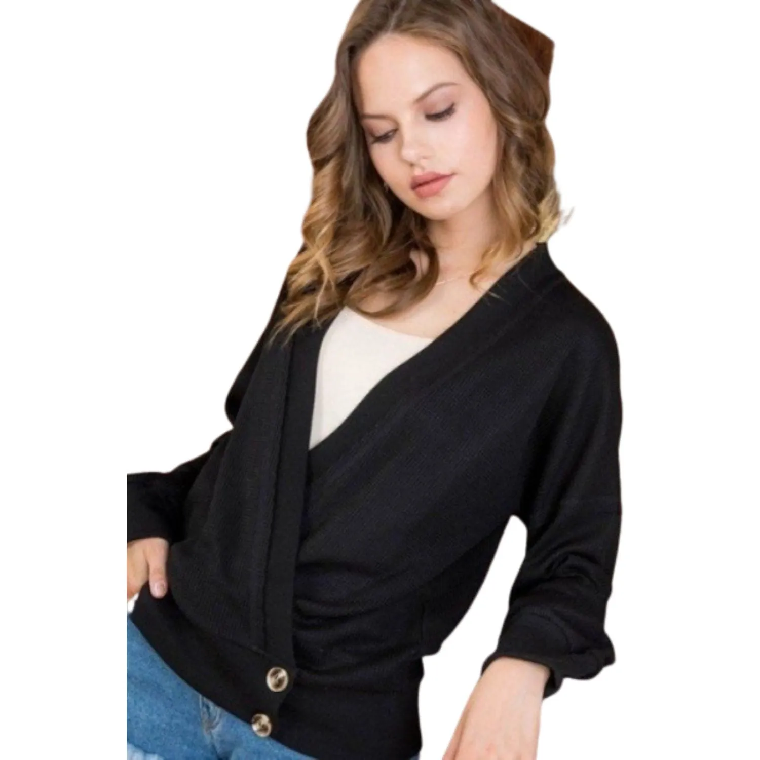 Overwrap Front Button Detail Long Sleeve Knit Top