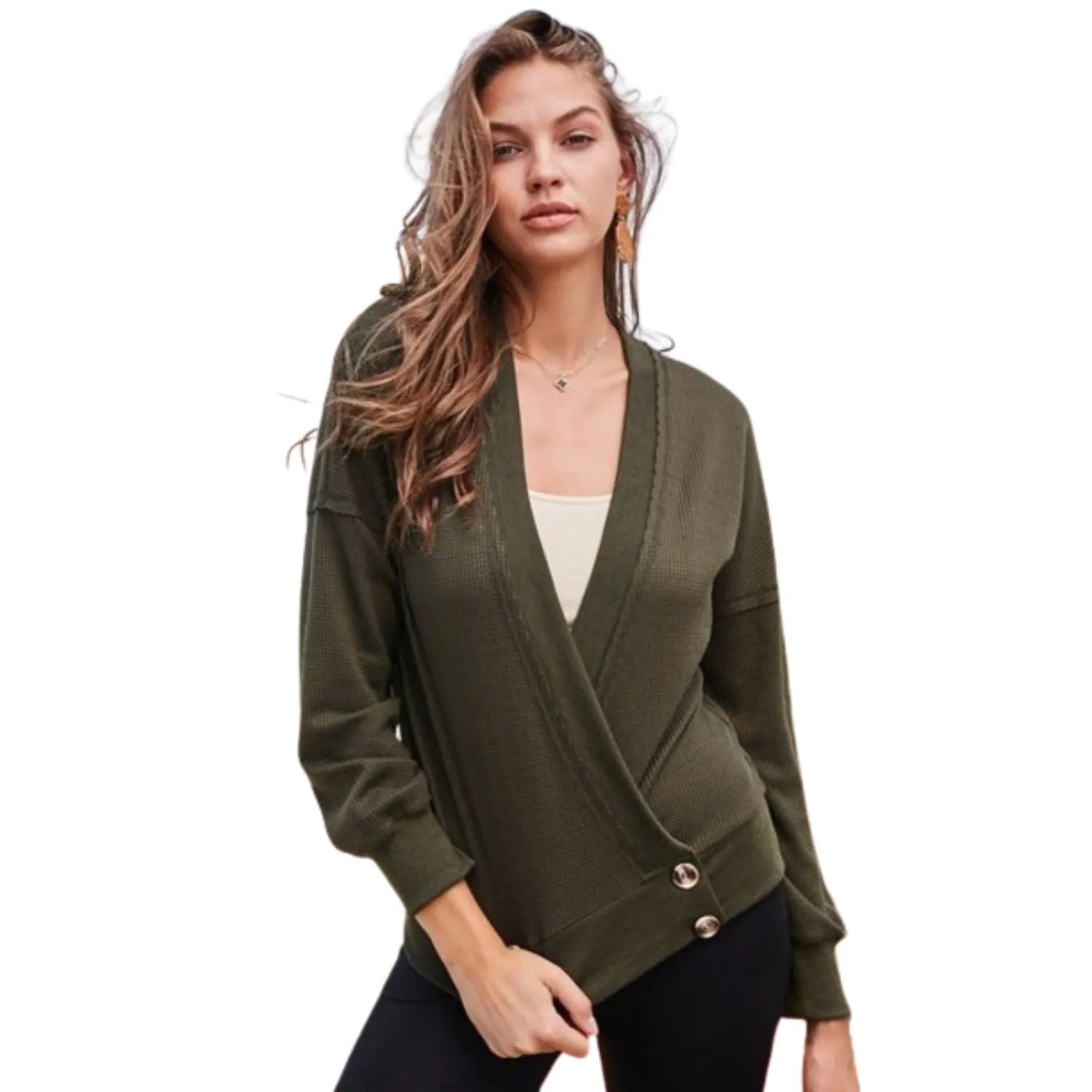 Overwrap Front Button Detail Long Sleeve Knit Top