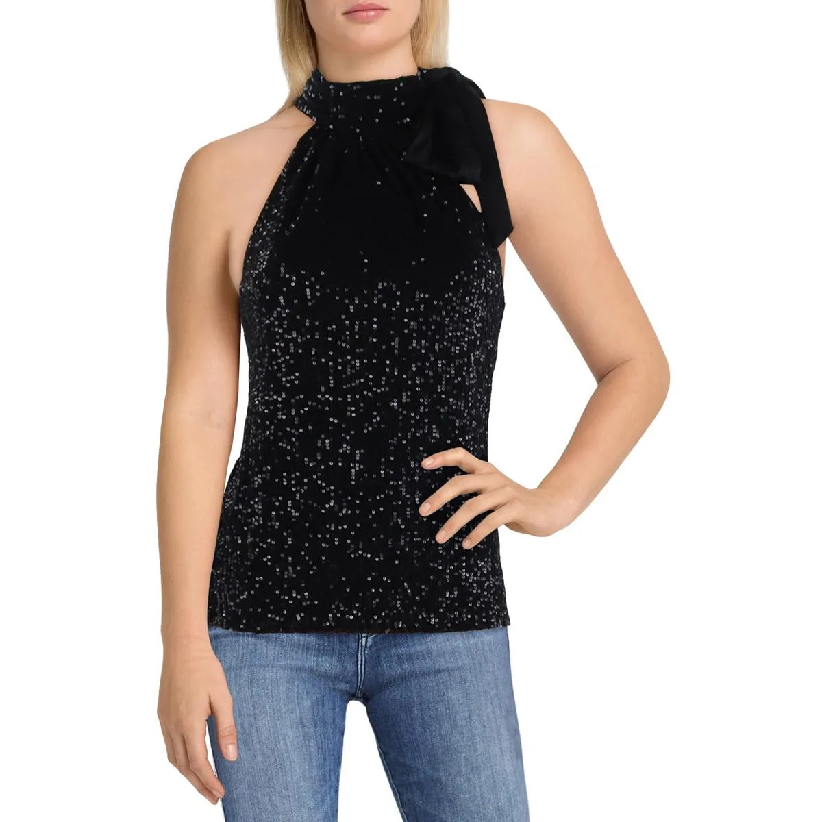 Paula Womens Sequined Tie Neck Tank Top
