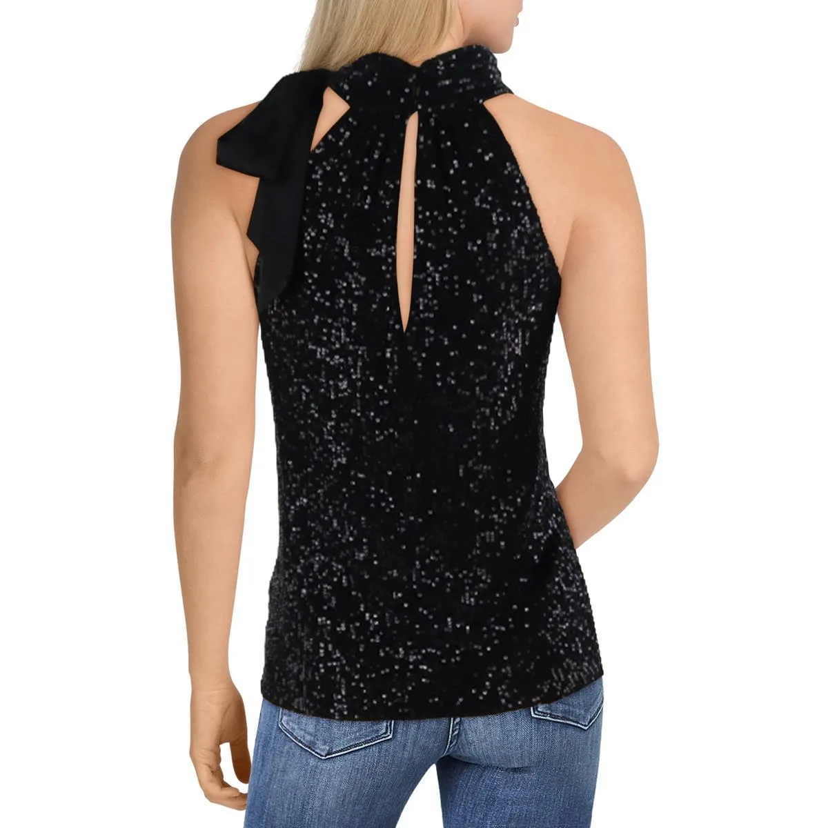 Paula Womens Sequined Tie Neck Tank Top