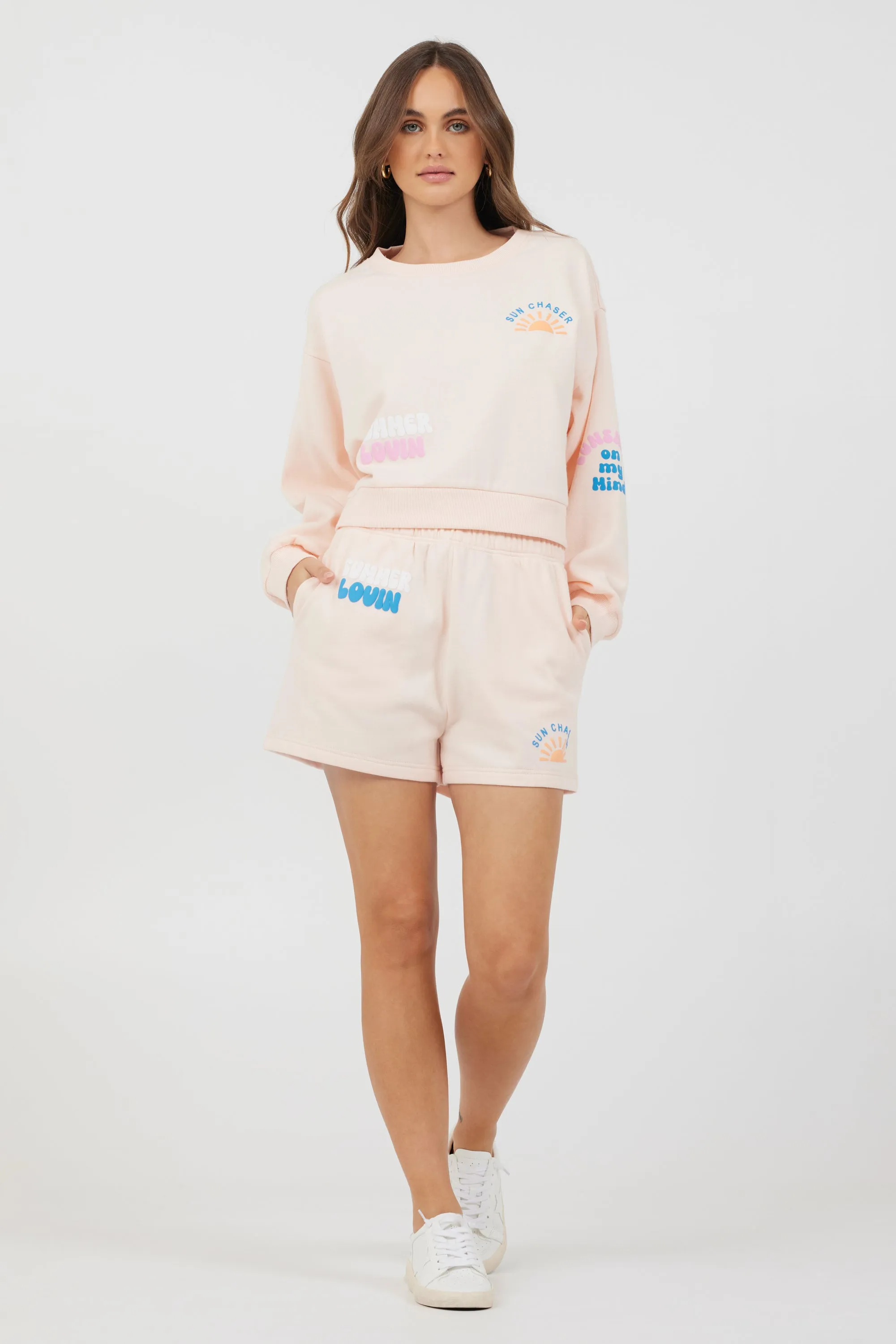 Peach Parfait W/ Multi Puff Print Surf Wash Crewneck