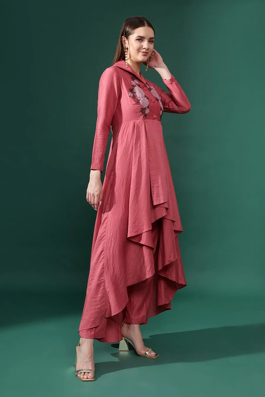 Pink Embroidered Cotton Silk Co-Ord Set