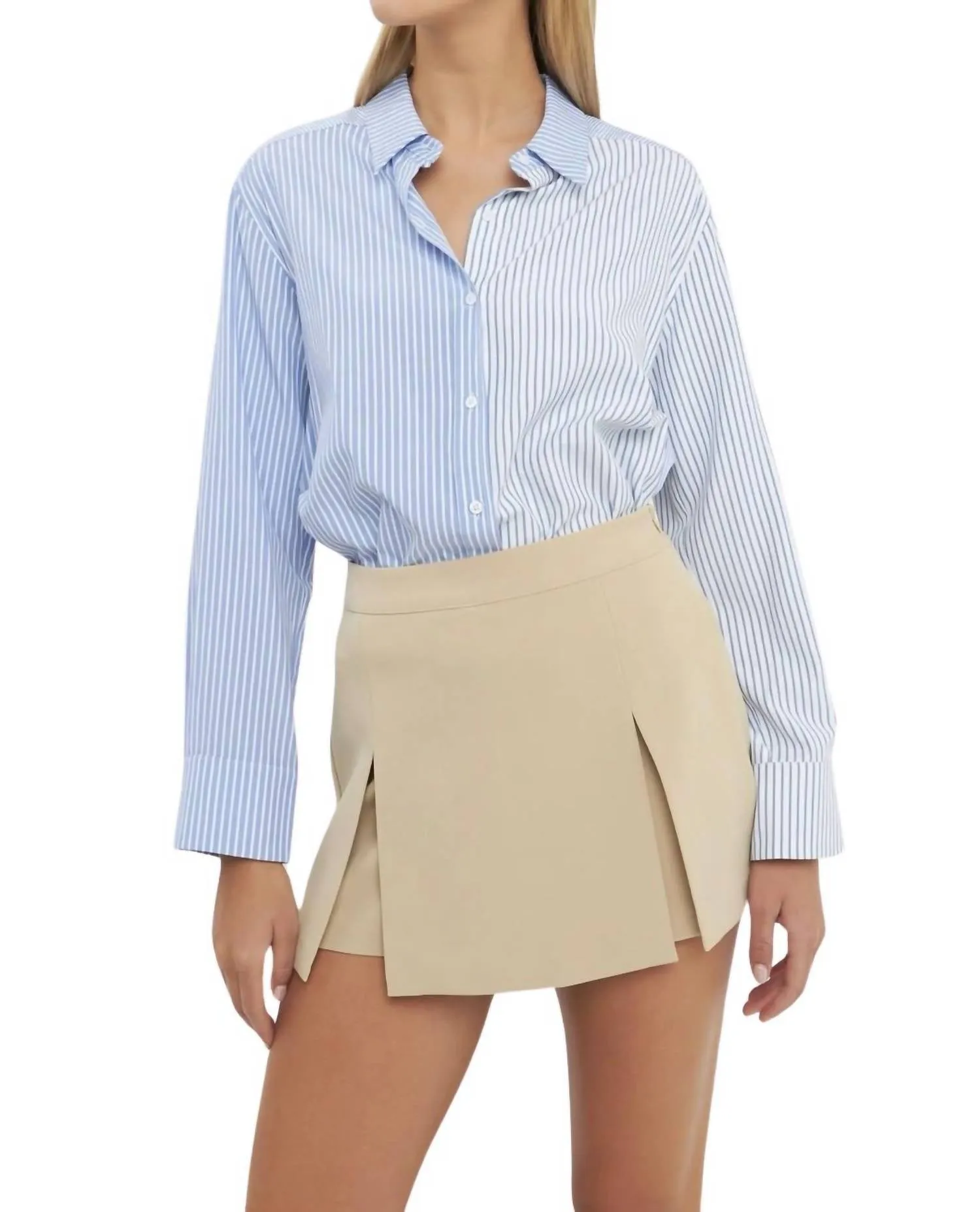 Pinstripe Color Block Shirt In Oxford Blue