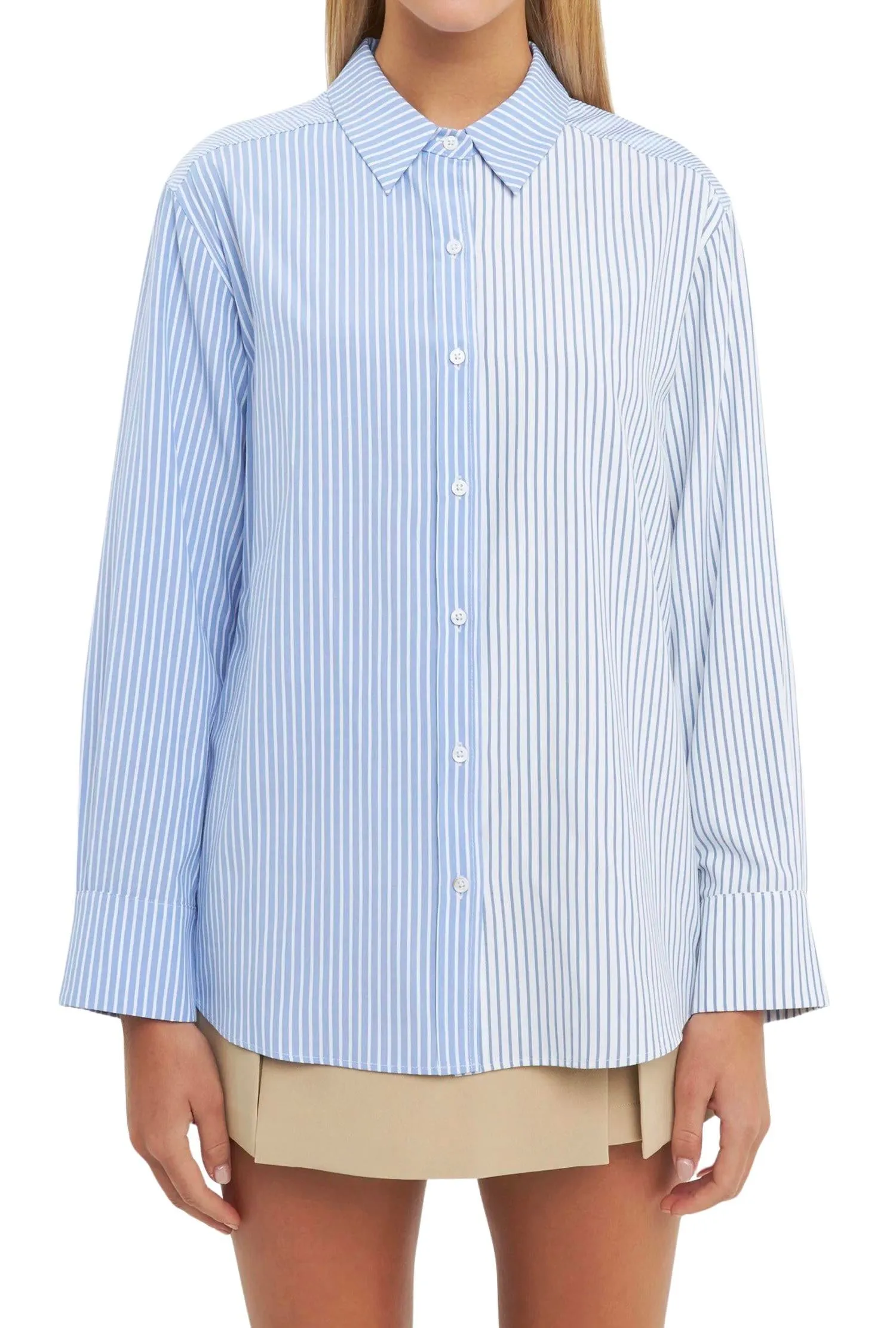 Pinstripe Color Block Shirt In Oxford Blue