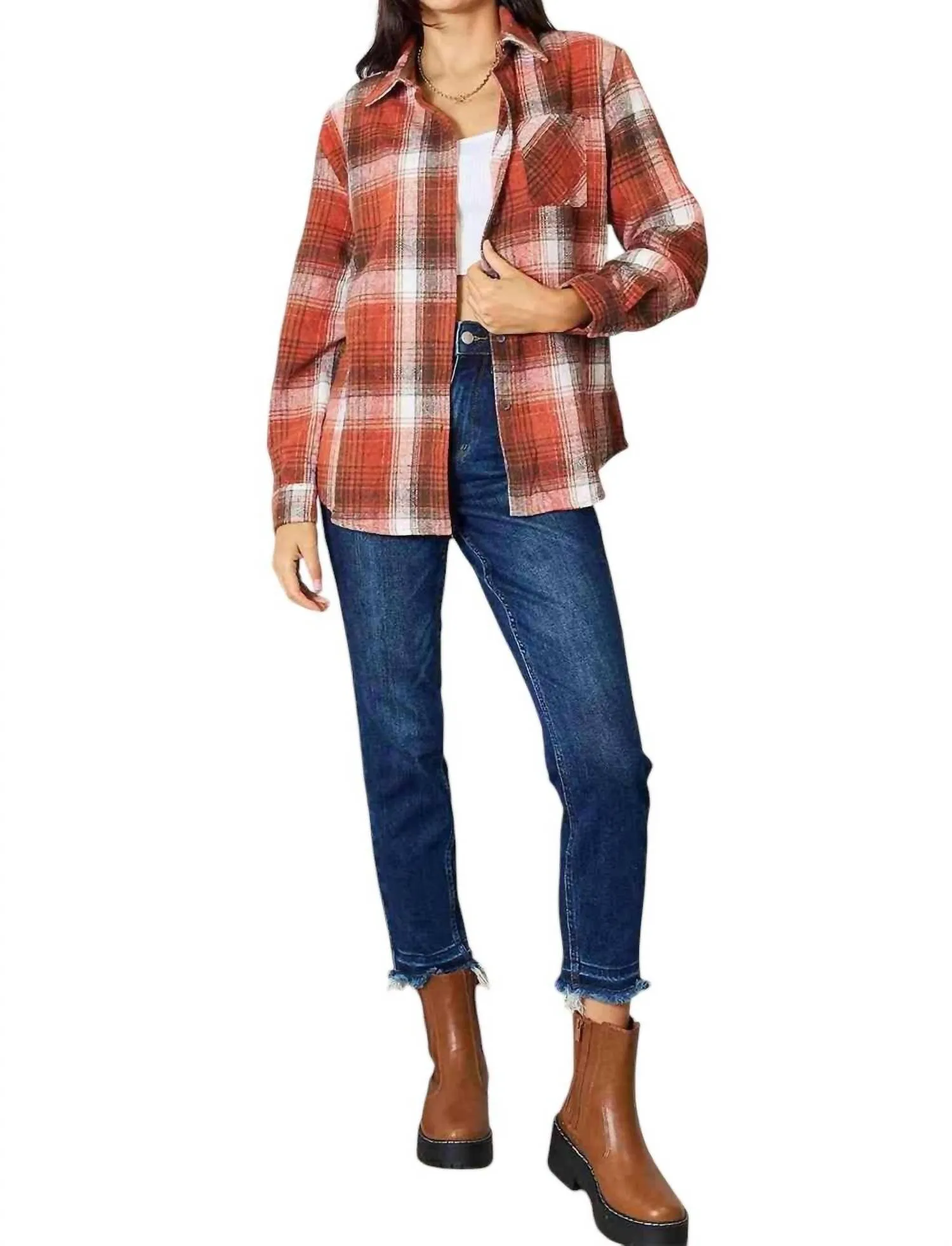 Plaid Button-Up Shirt With Contemporary Flair In Ochre