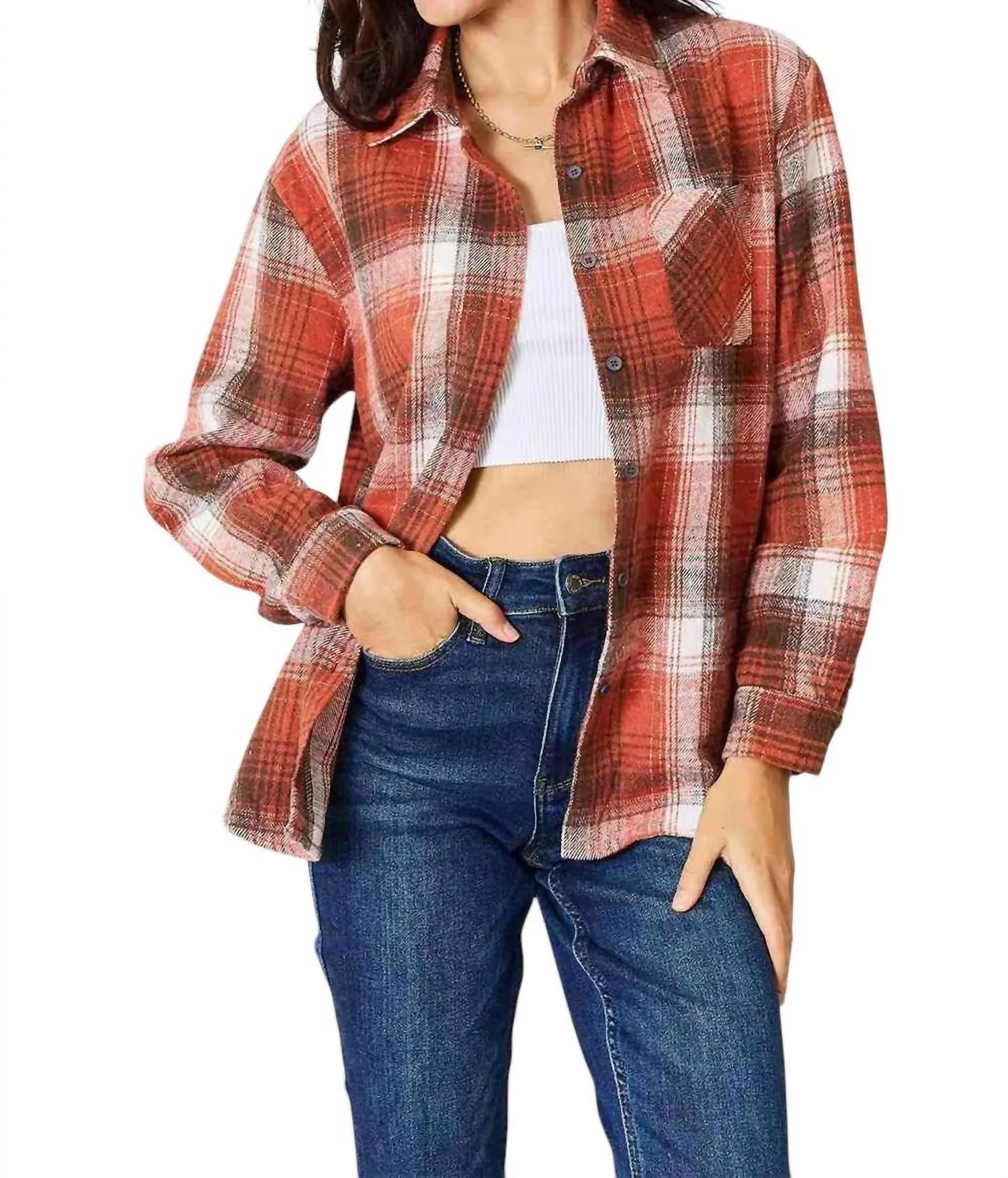 Plaid Button-Up Shirt With Contemporary Flair In Ochre
