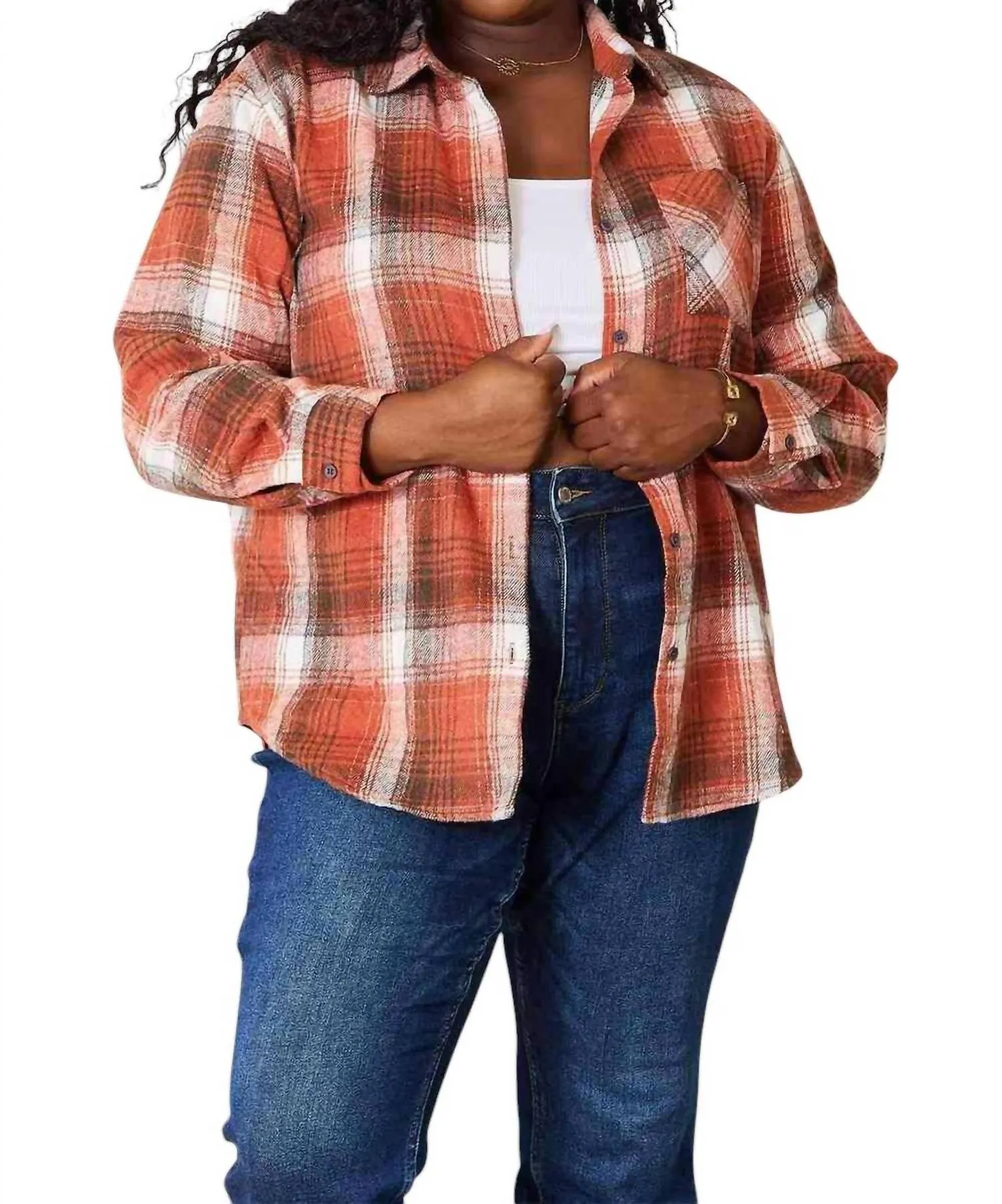Plaid Button-Up Shirt With Contemporary Flair In Ochre