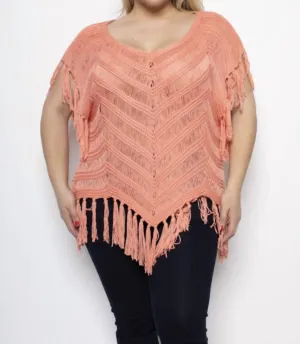 Plus Size Crochet Fringe Top In Coral