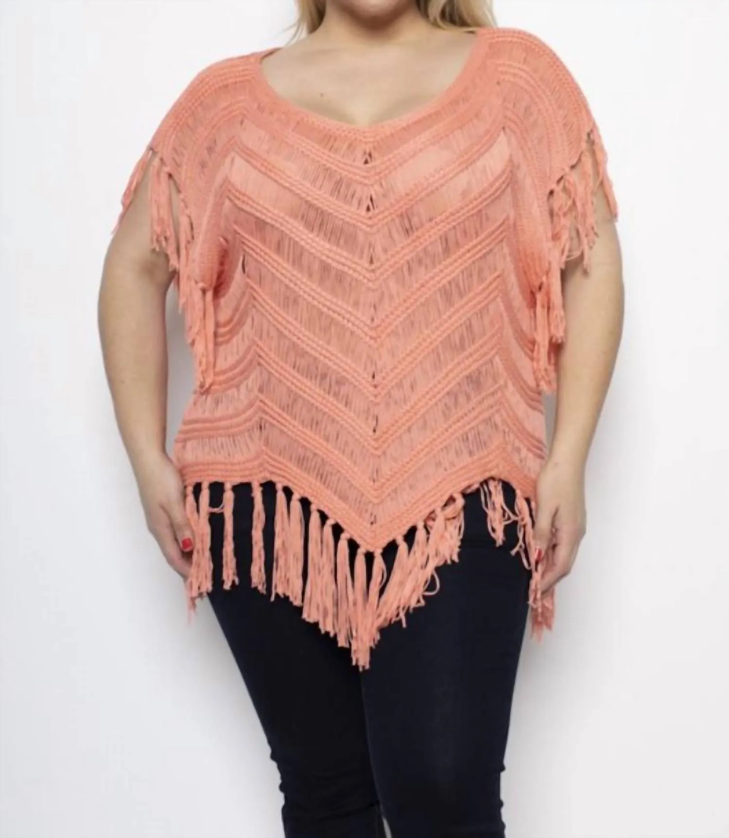 Plus Size Crochet Fringe Top In Coral