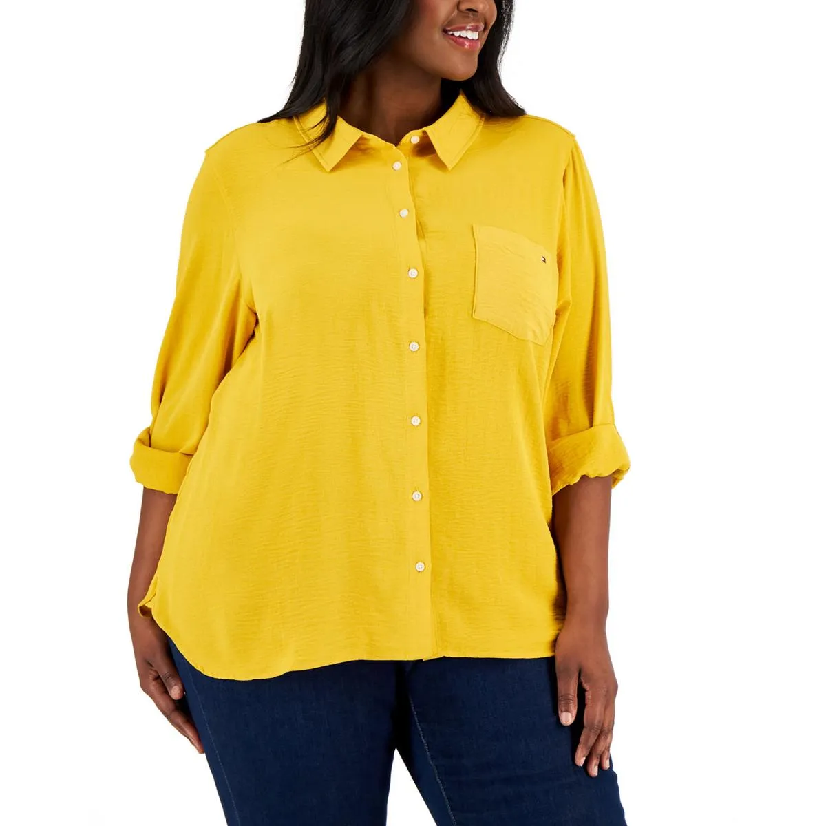 Plus Womens Collared Button- Down Button-Down Top