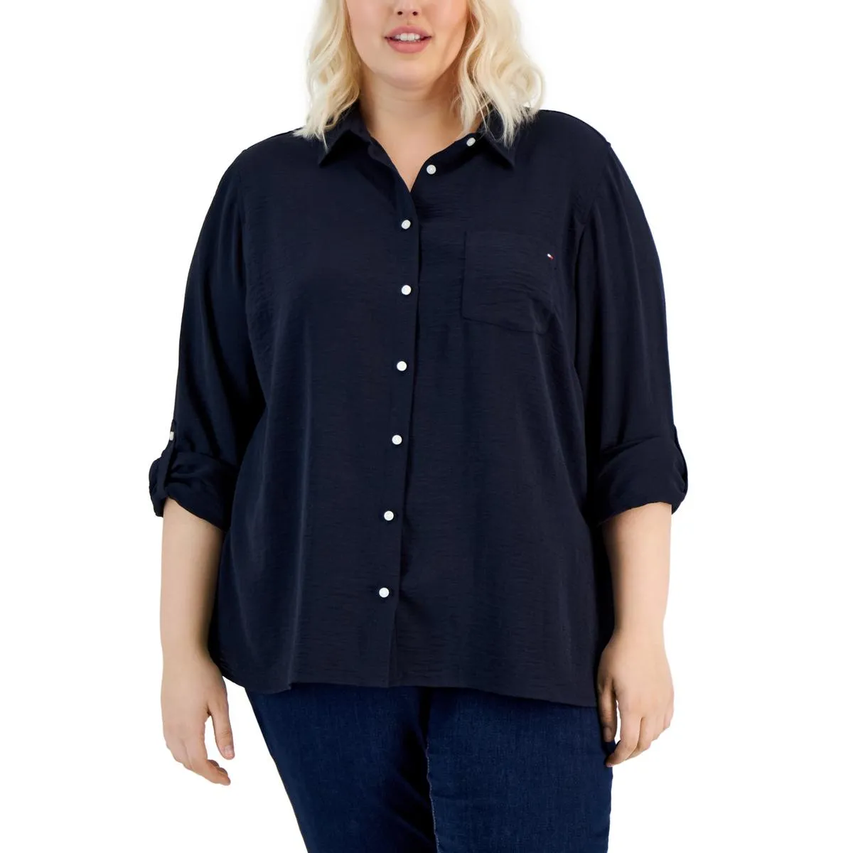 Plus Womens Collared Button- Down Button-Down Top