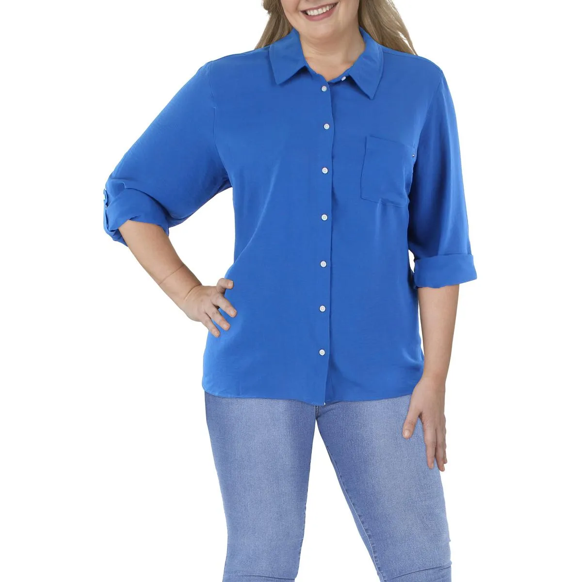 Plus Womens Collared Button- Down Button-Down Top