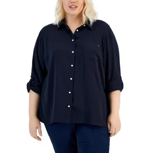 Plus Womens Collared Button- Down Button-Down Top
