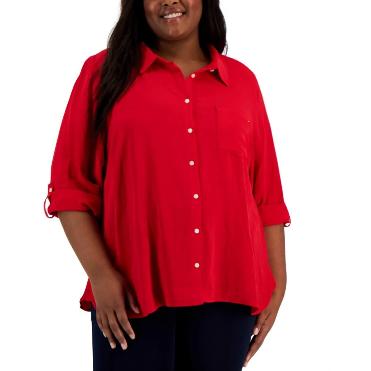 Plus Womens Collared Button- Down Button-Down Top