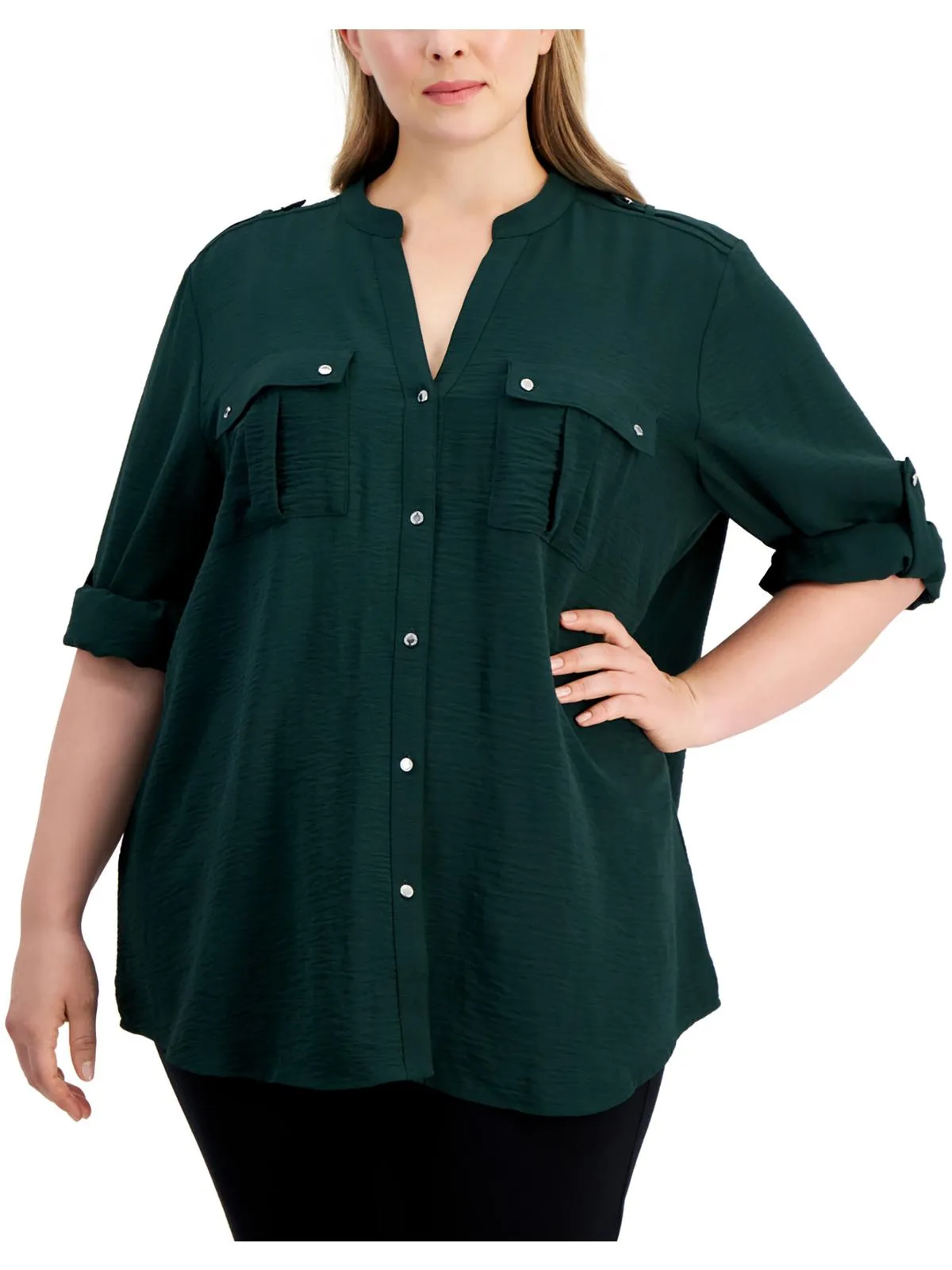 Plus Womens Pocket Polyester Button-Down Top