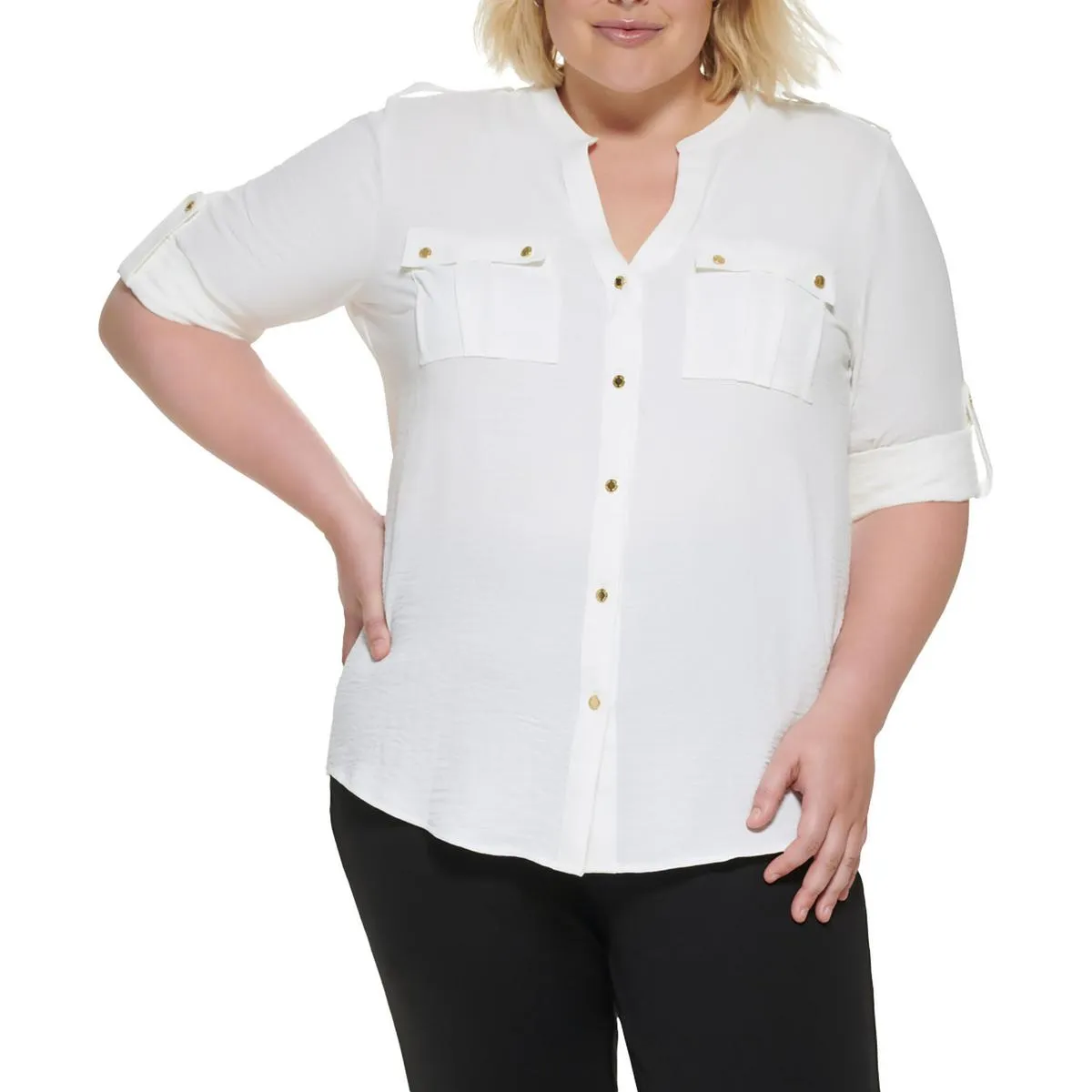 Plus Womens Pocket Polyester Button-Down Top