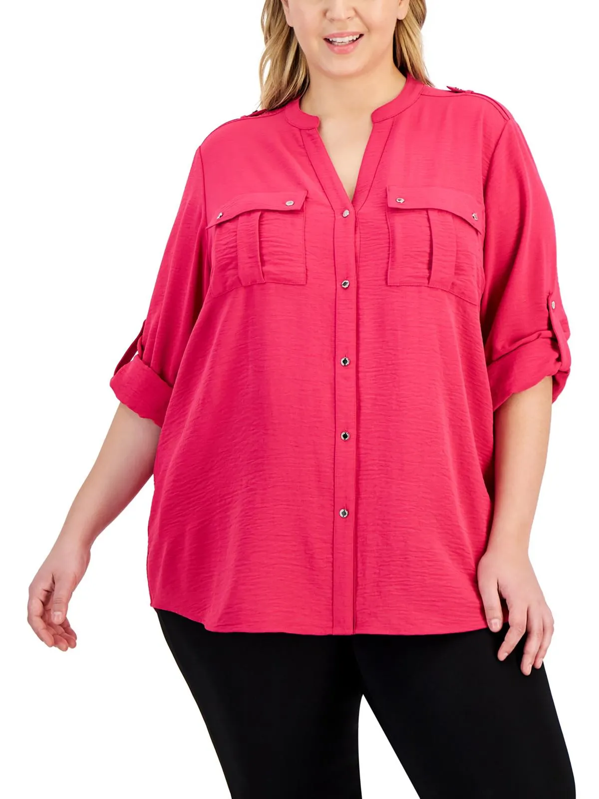 Plus Womens Pocket Polyester Button-Down Top