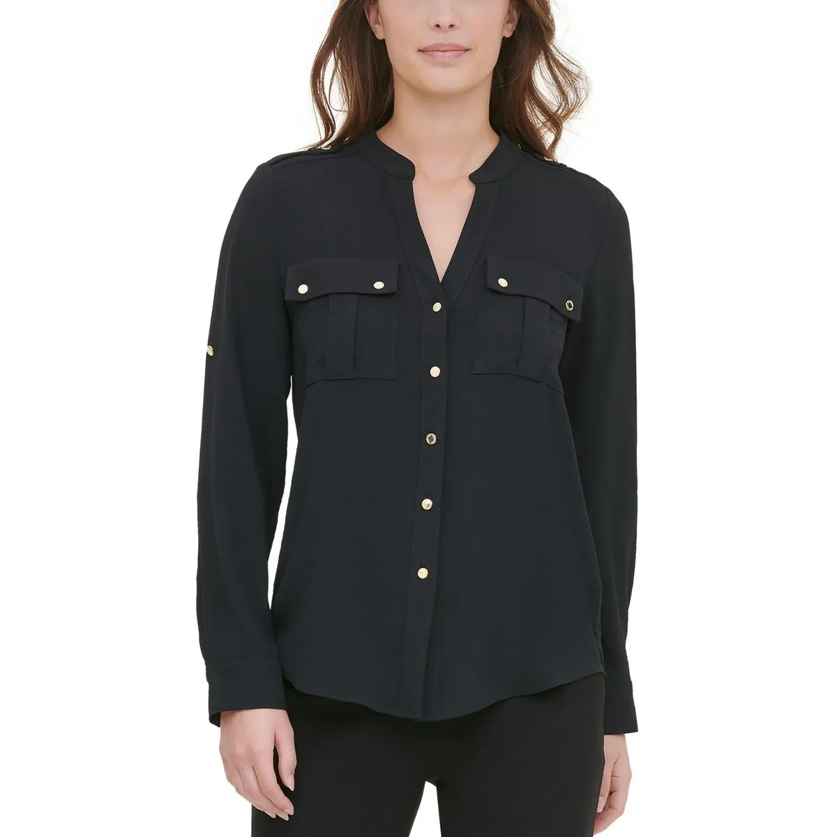 Plus Womens Pocket Polyester Button-Down Top