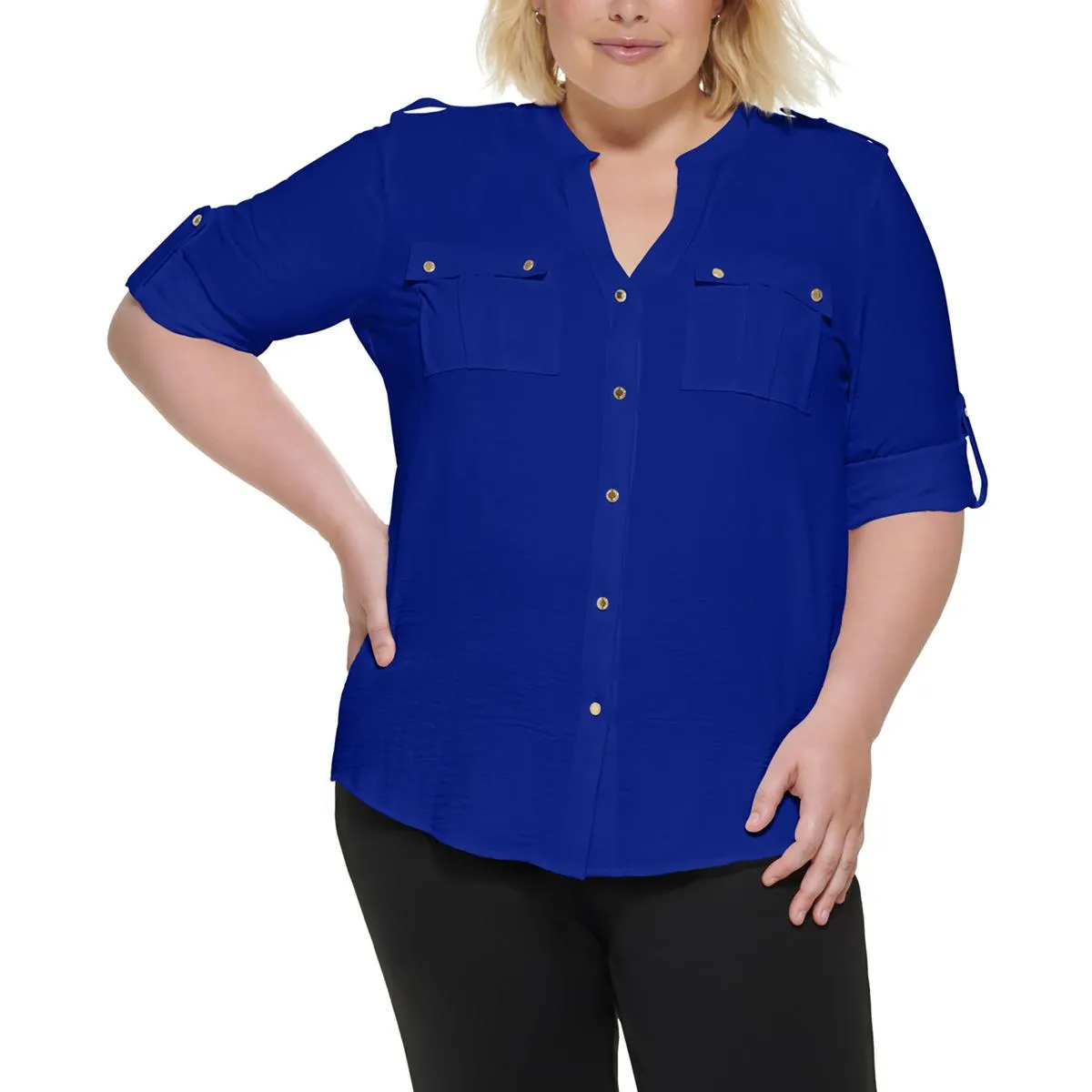 Plus Womens Pocket Polyester Button-Down Top