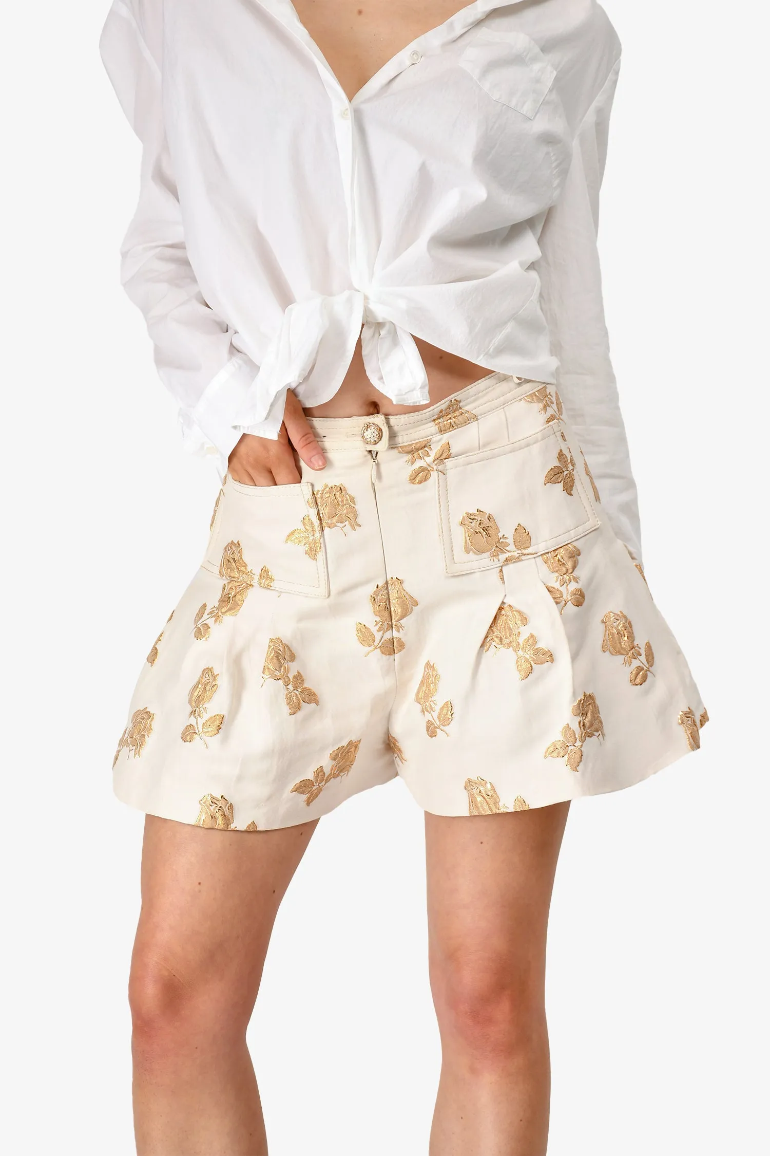 Pre-loved Chanel™ 2013 Cream/Gold Silk Rose Embroidered High Waisted Shorts Size 38 (As Is)
