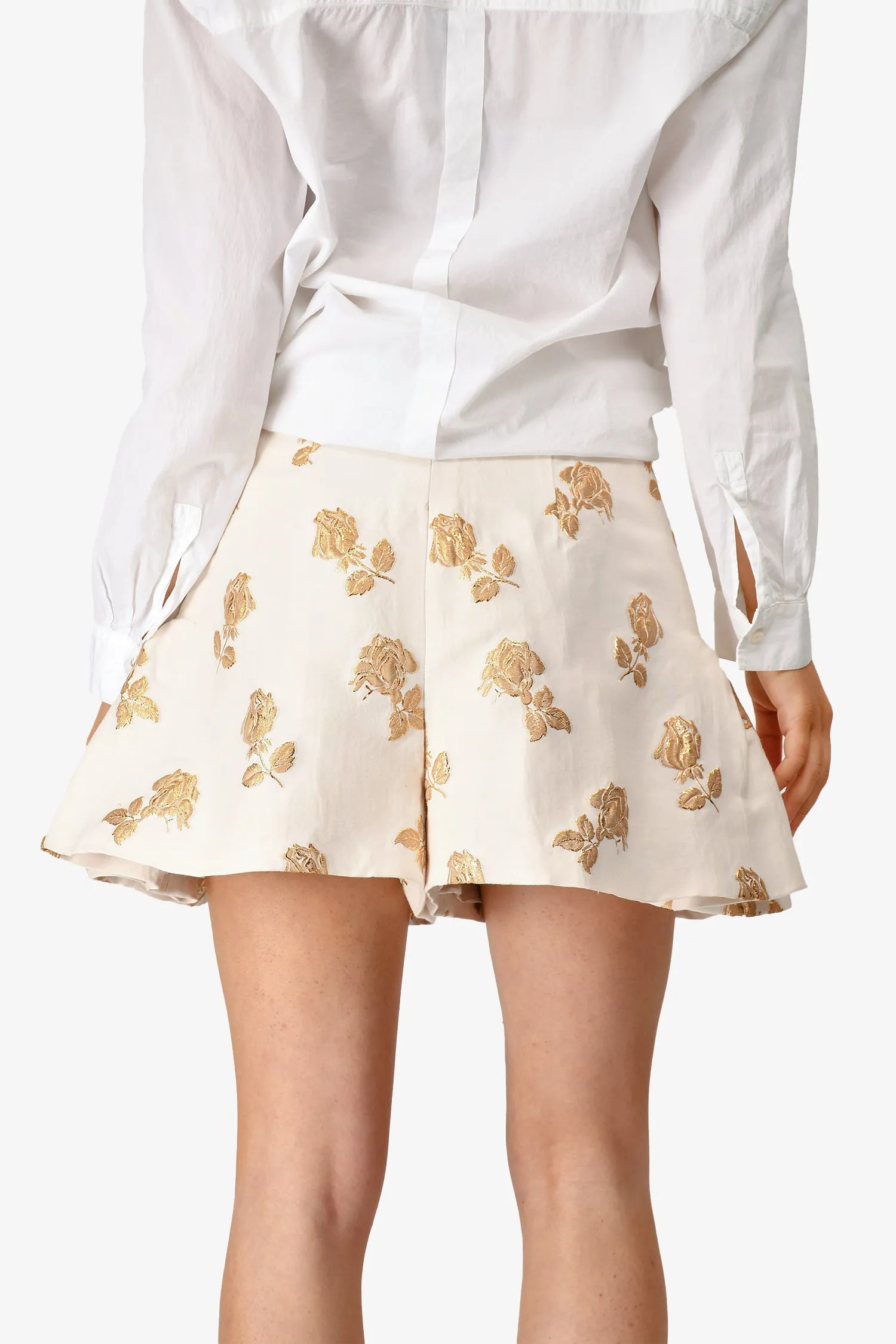 Pre-loved Chanel™ 2013 Cream/Gold Silk Rose Embroidered High Waisted Shorts Size 38 (As Is)
