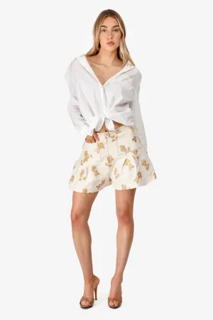 Pre-loved Chanel™ 2013 Cream/Gold Silk Rose Embroidered High Waisted Shorts Size 38 (As Is)