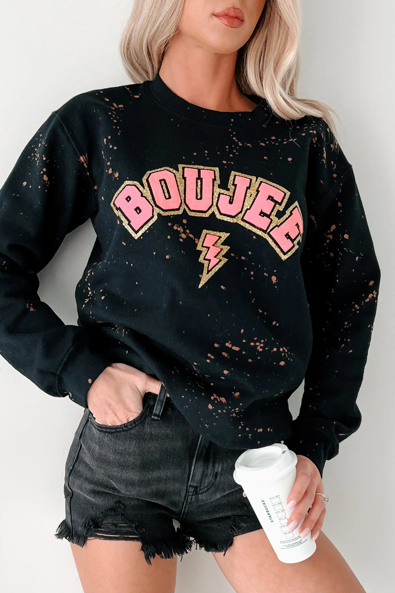 "BOUJEE" Glitter Graphic Sweatshirt (Black Bleached)