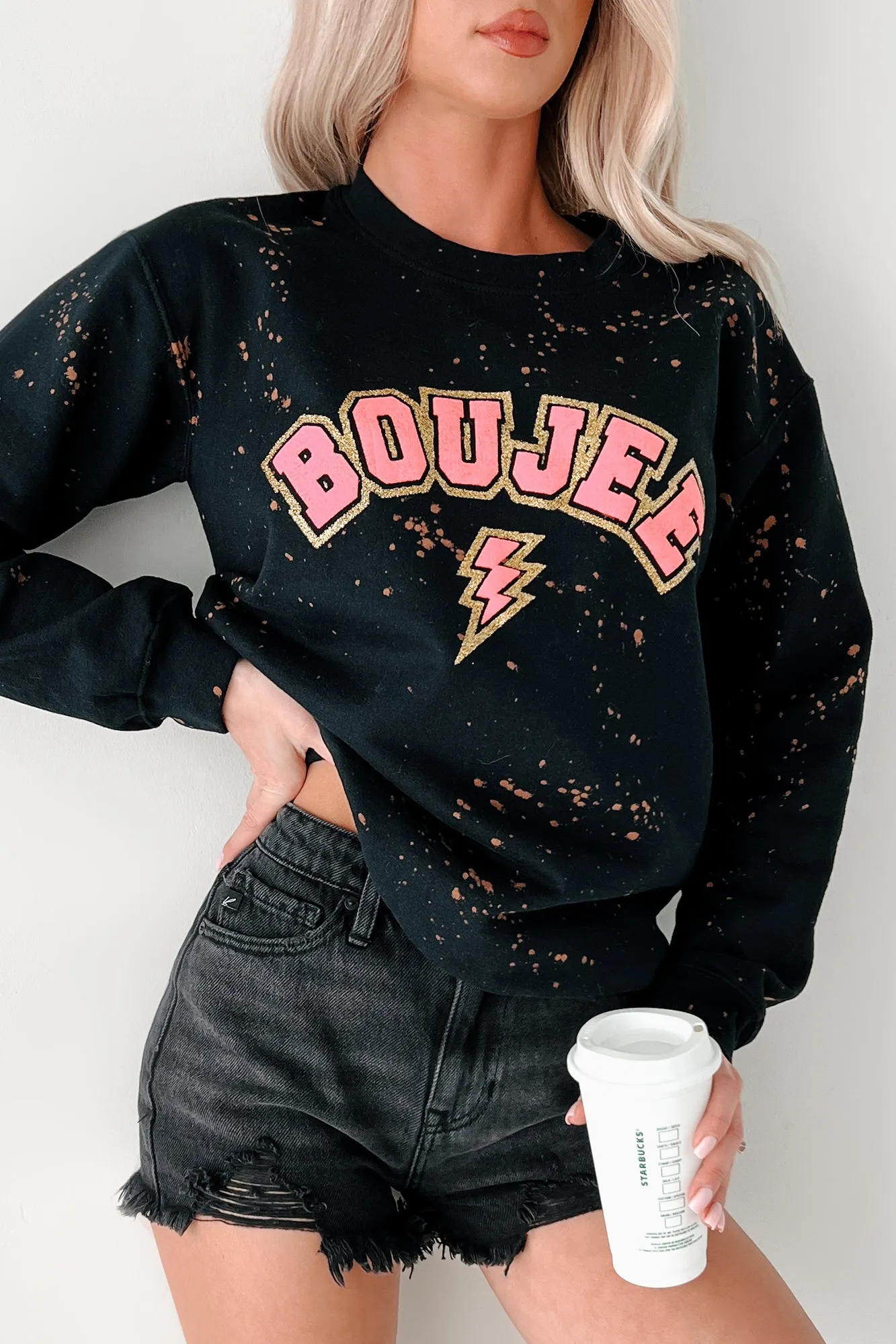 "BOUJEE" Glitter Graphic Sweatshirt (Black Bleached)