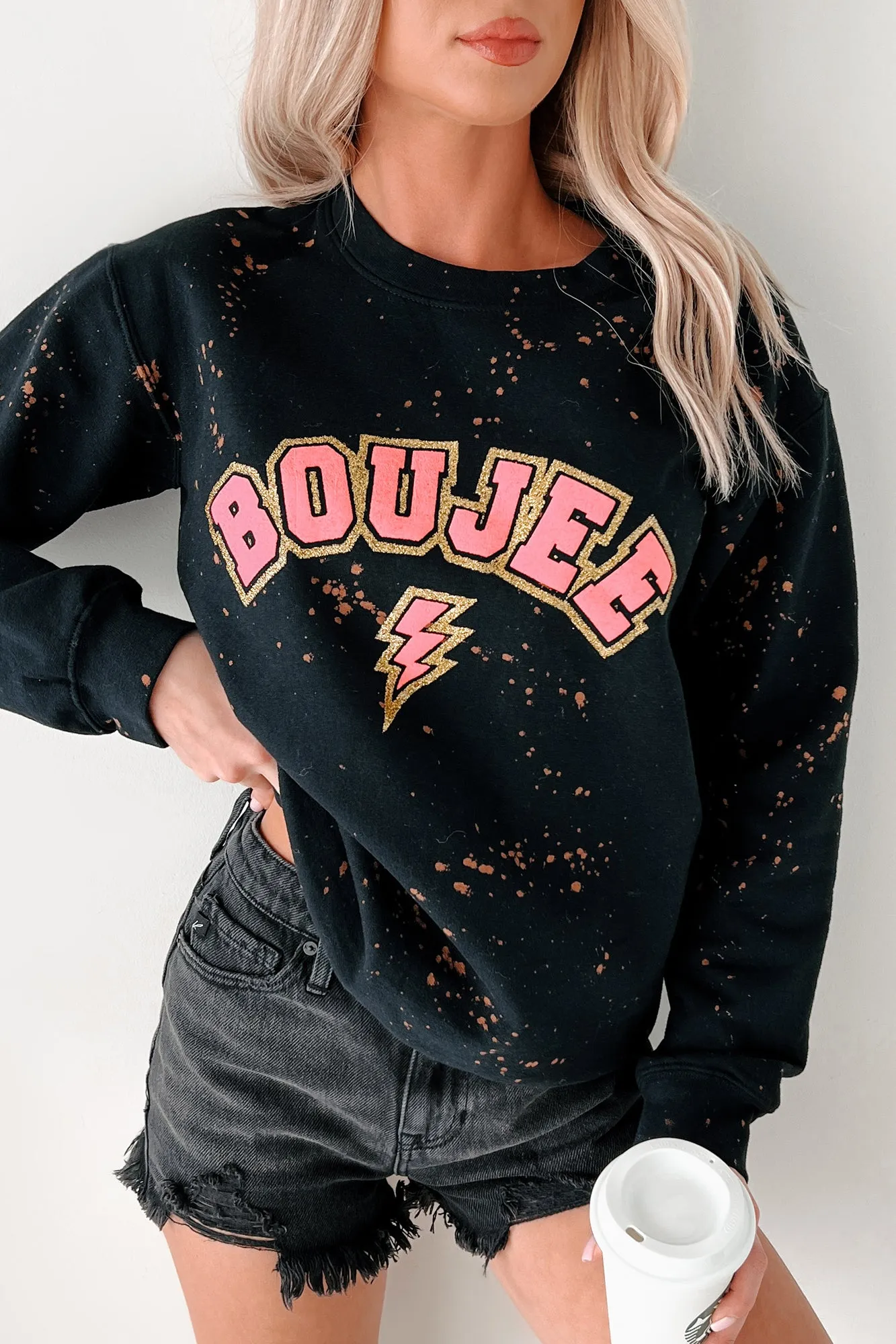 "BOUJEE" Glitter Graphic Sweatshirt (Black Bleached)