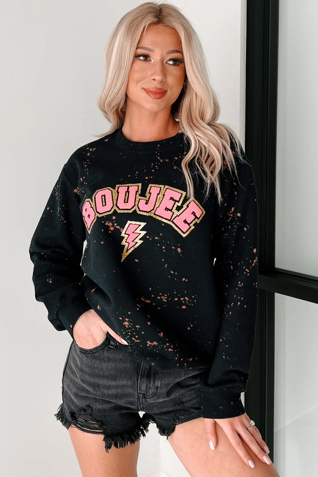 "BOUJEE" Glitter Graphic Sweatshirt (Black Bleached)