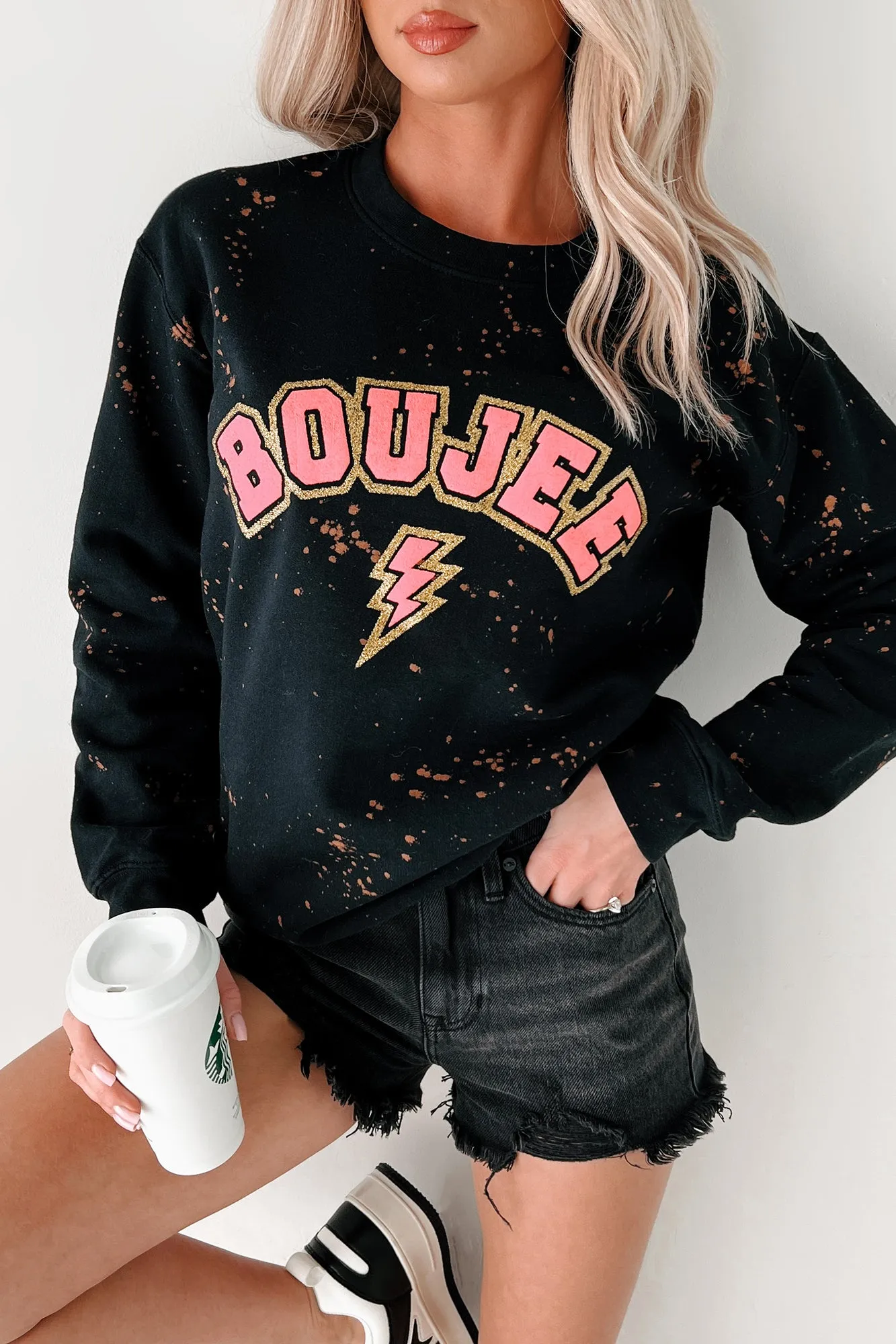 "BOUJEE" Glitter Graphic Sweatshirt (Black Bleached)