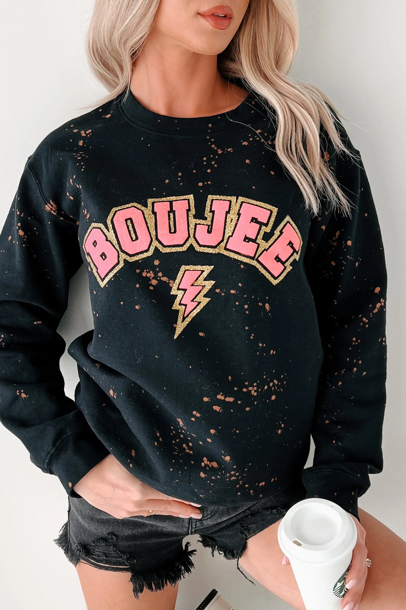 "BOUJEE" Glitter Graphic Sweatshirt (Black Bleached)