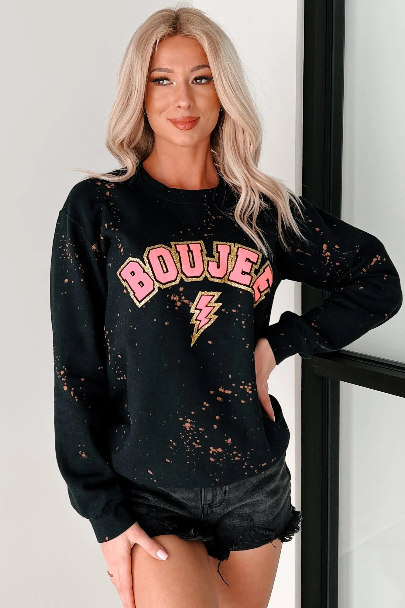 "BOUJEE" Glitter Graphic Sweatshirt (Black Bleached)