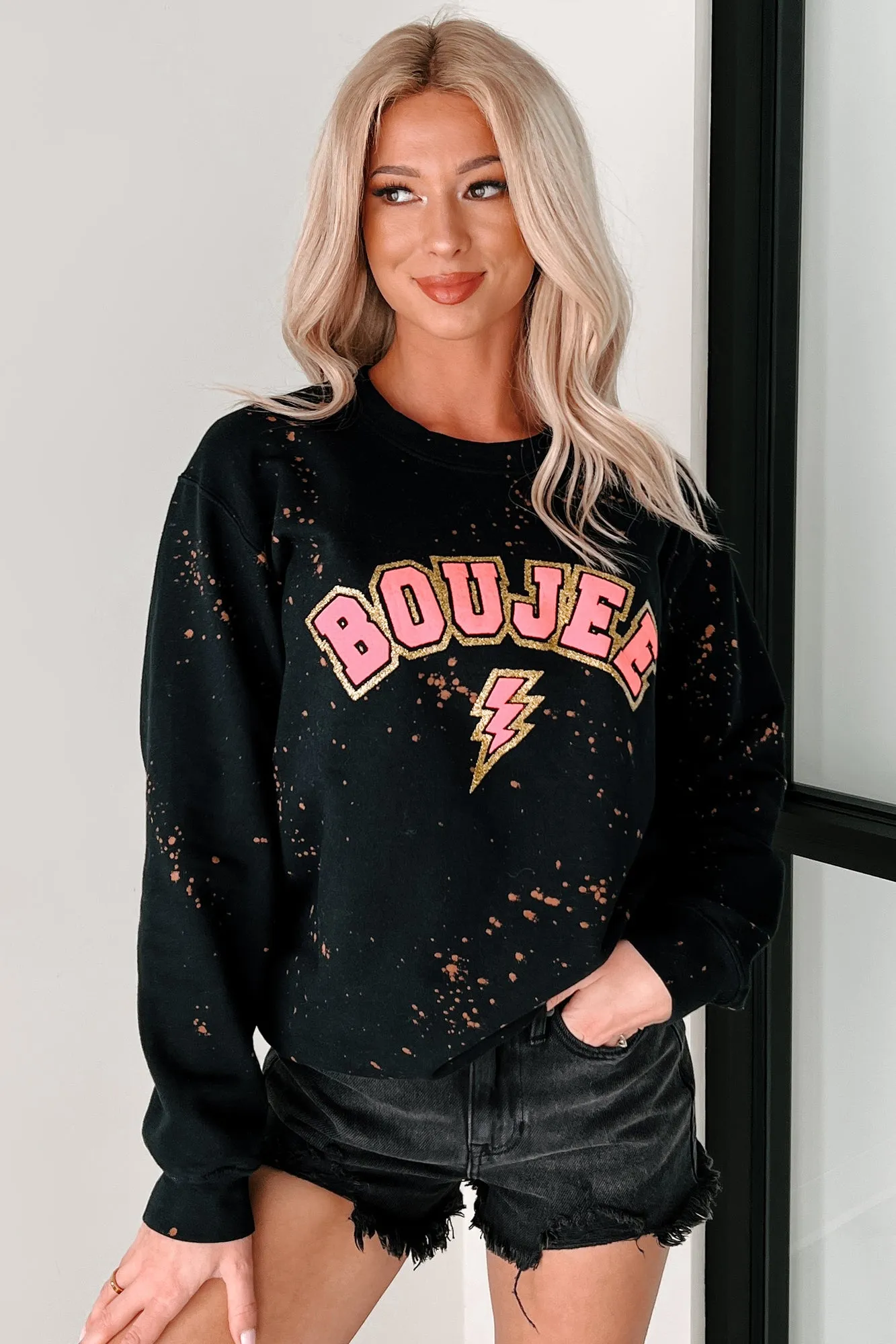 "BOUJEE" Glitter Graphic Sweatshirt (Black Bleached)