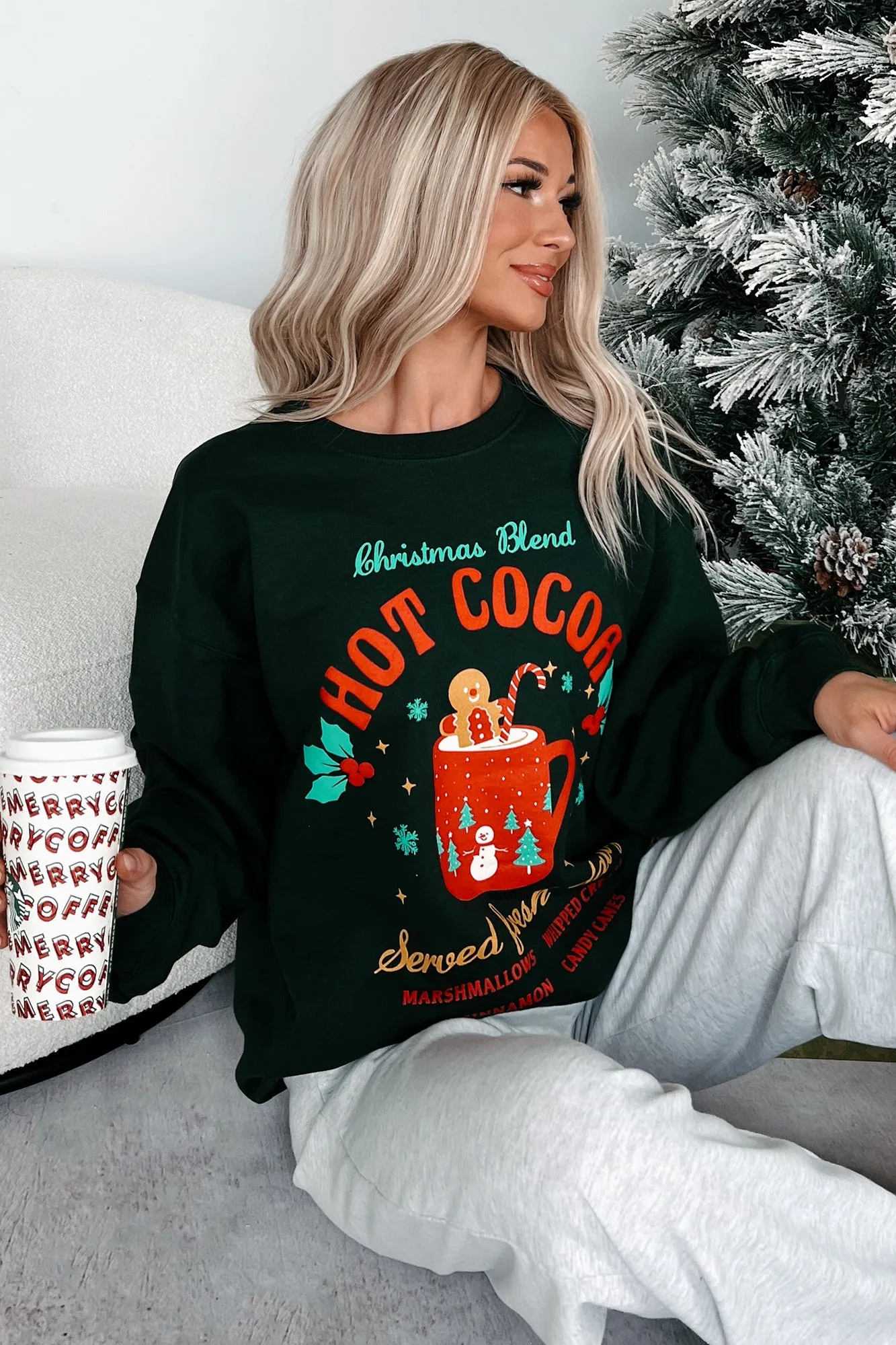 "Christmas Blend Hot Cocoa" Graphic Sweatshirt (Forest)