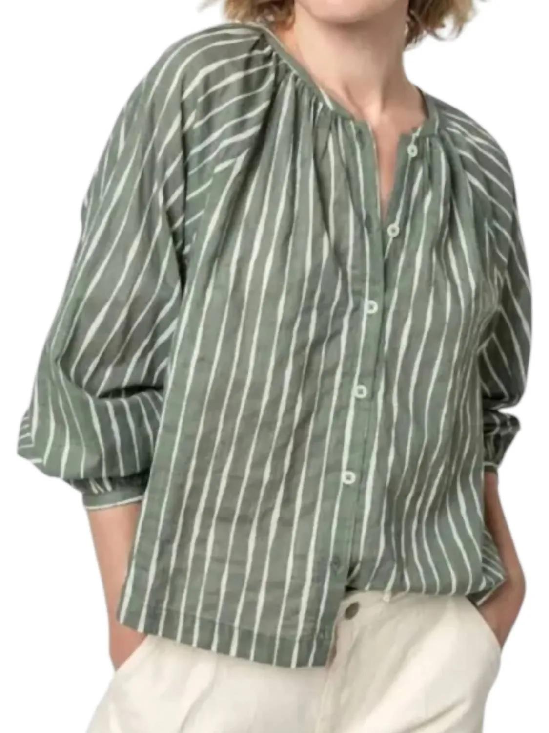Raglan Button Down W/ Shirring Top In Artichoke/rope